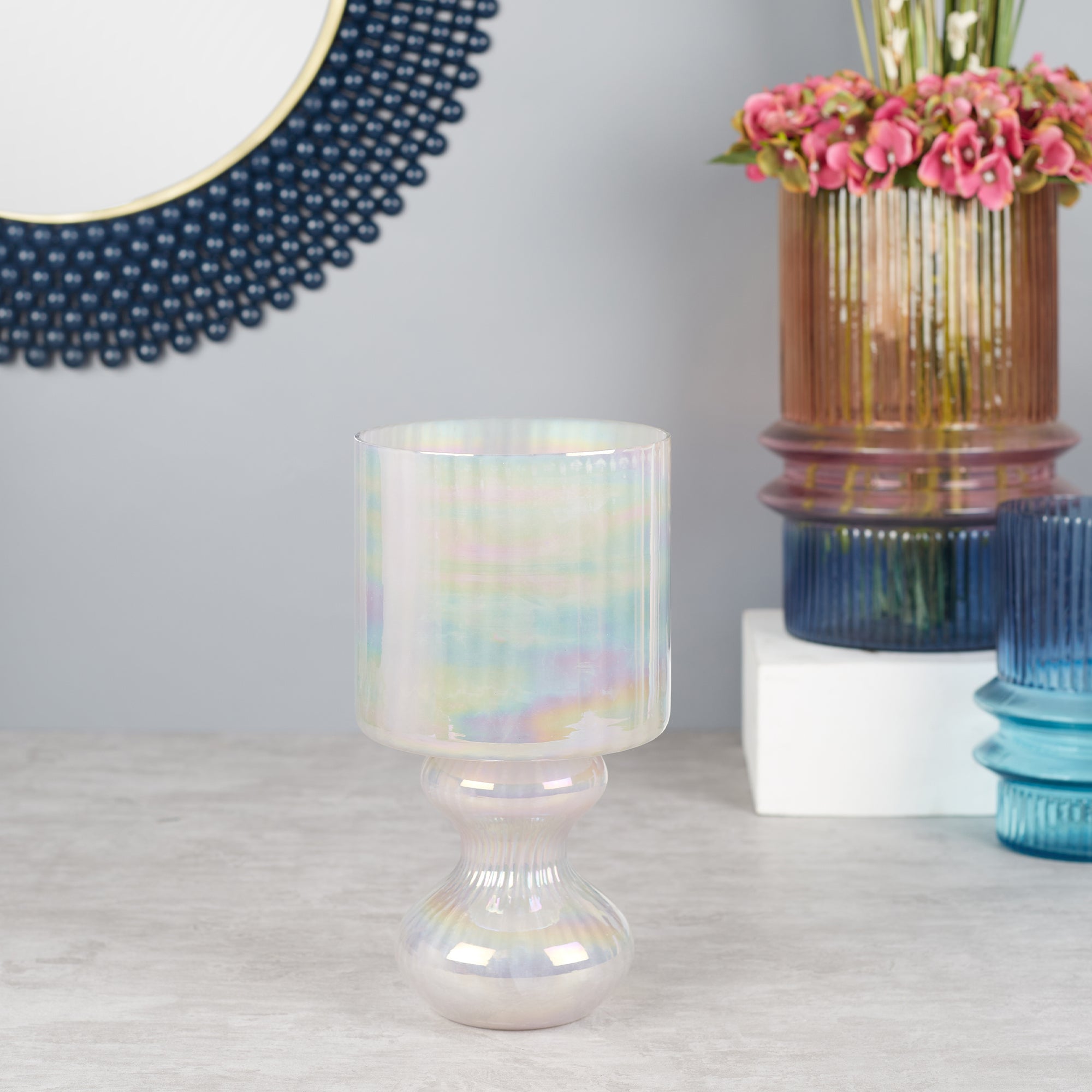 Phiona Glass Fluted Handcrafted Hurricane 29 Cm in Blush Colour