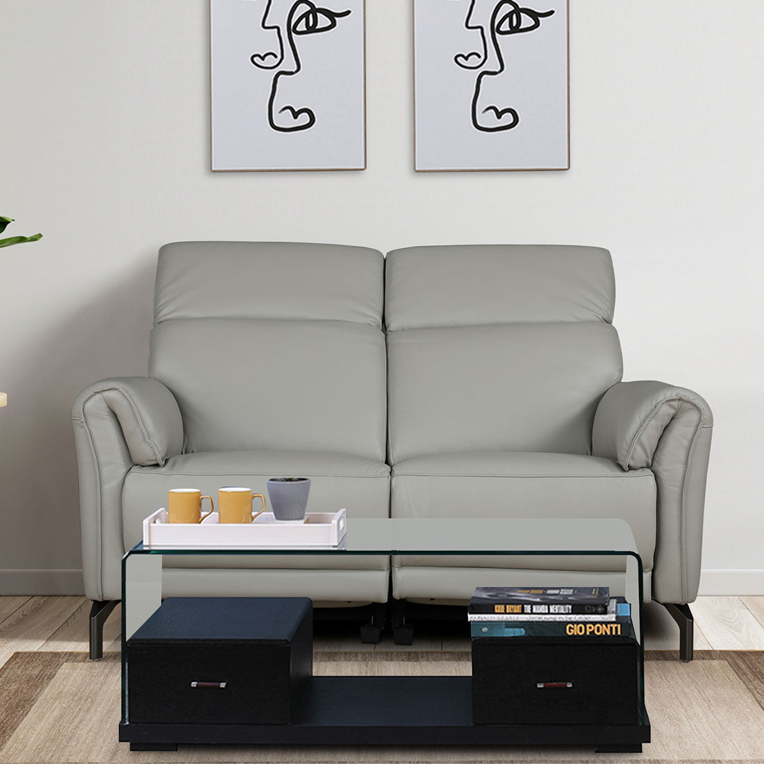 Emilia Half Leather Two Seater Electric Recliner in Light Grey Colour