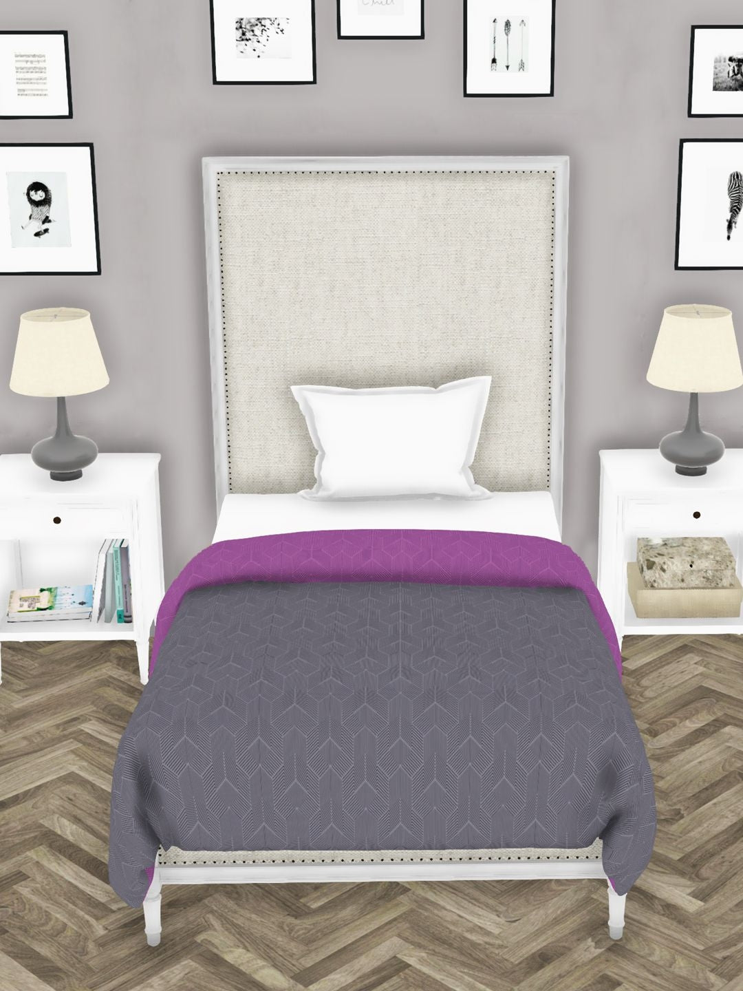 Botanical Cotton Single Comforter 152X229 Cm in Grey/Purple Colour