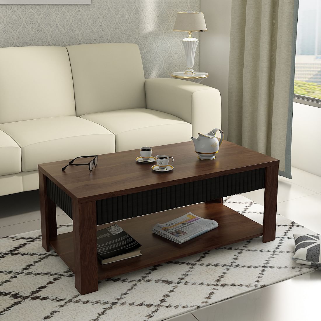 Understated Charm + (Paddington 3 + 2 Seater Sofa Set Dark Brown + Antwerp Flute Center Table & Side Table + Aravali 6 Seater Dining Set with Bench)