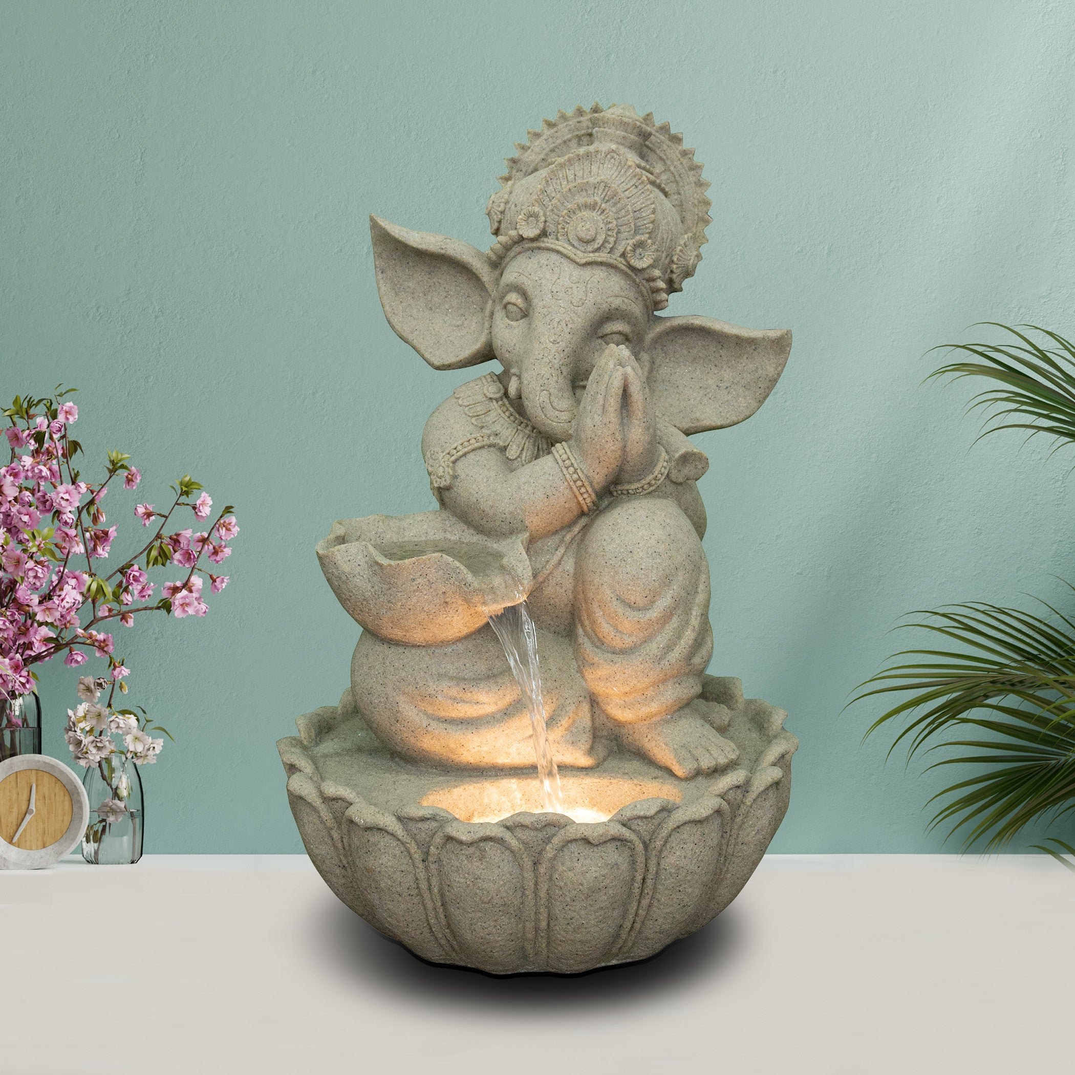Aqua Bliss Sandstone Ganesha Namaste Water Fountain 52X82Cm in Tan Colour