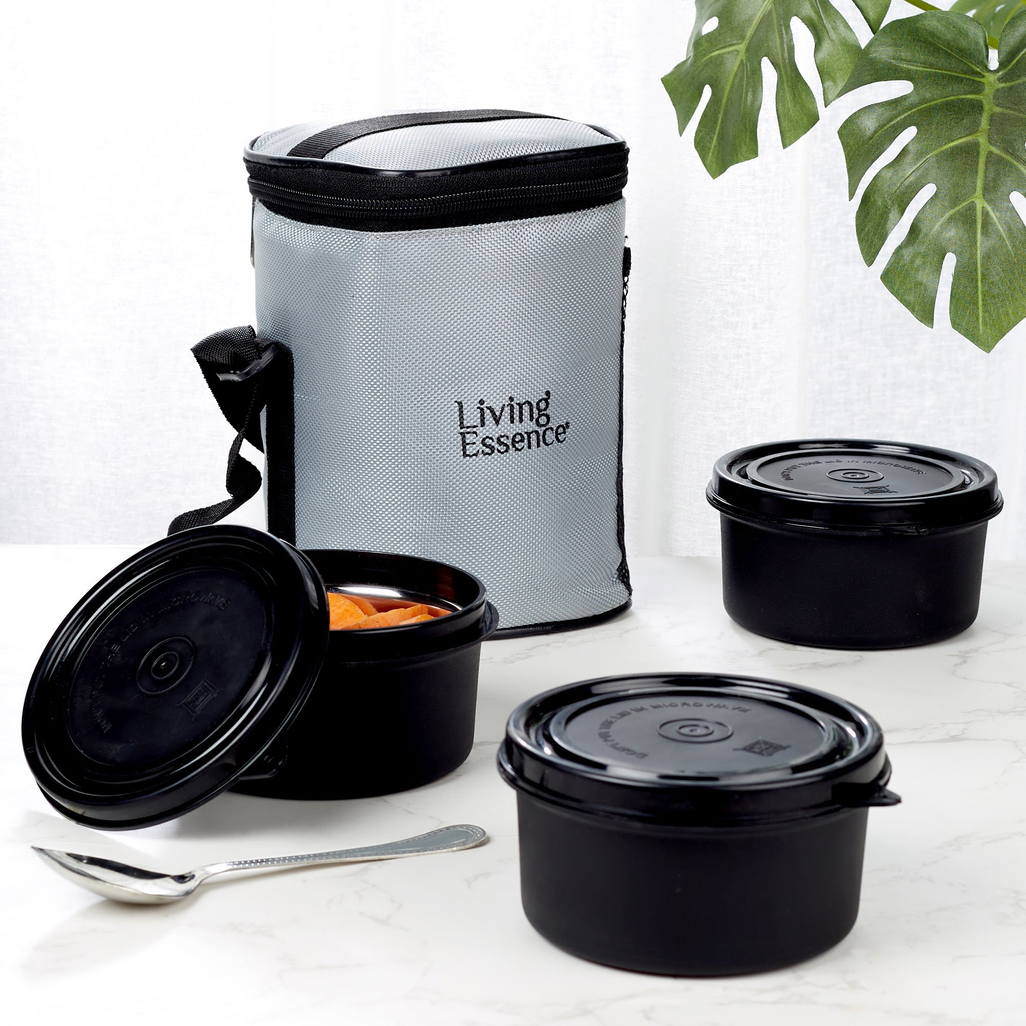 Microsafe 100% BPA Free Plastic & Stainless Steel Terra Lunch Box 400ml Set of 3 + Spoon + Carry Bag in Grey Colour