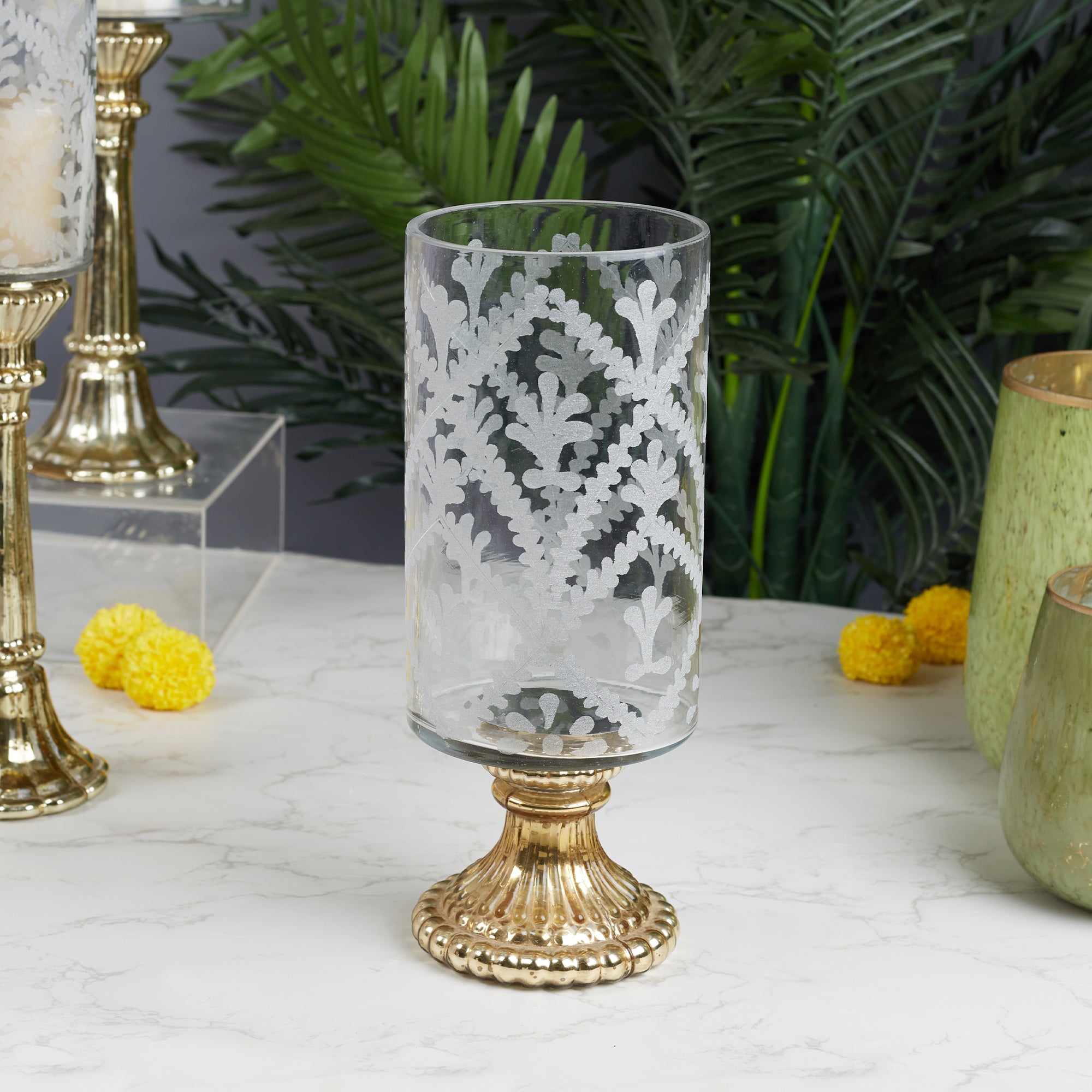 Phiona Glass Etched Handcrafted Hurricane 31 Cm in Gold Colour