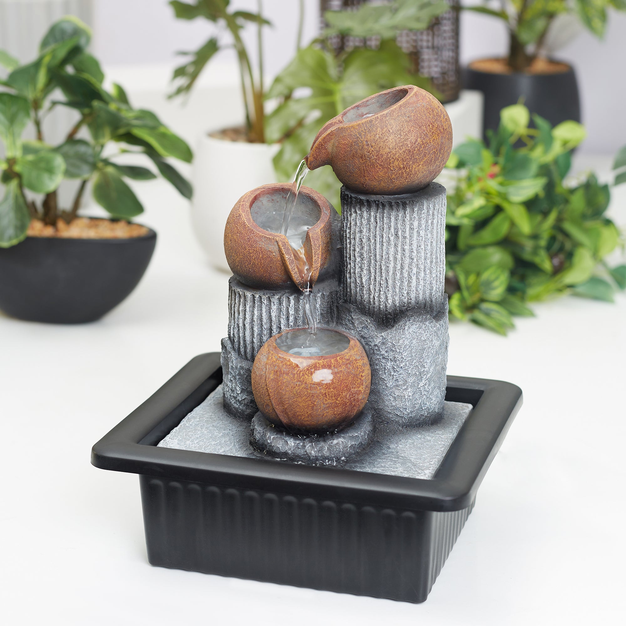 Impression Polyresin Trio Bowl Water Fountain 21x17x25 Cm in Brown Colour
