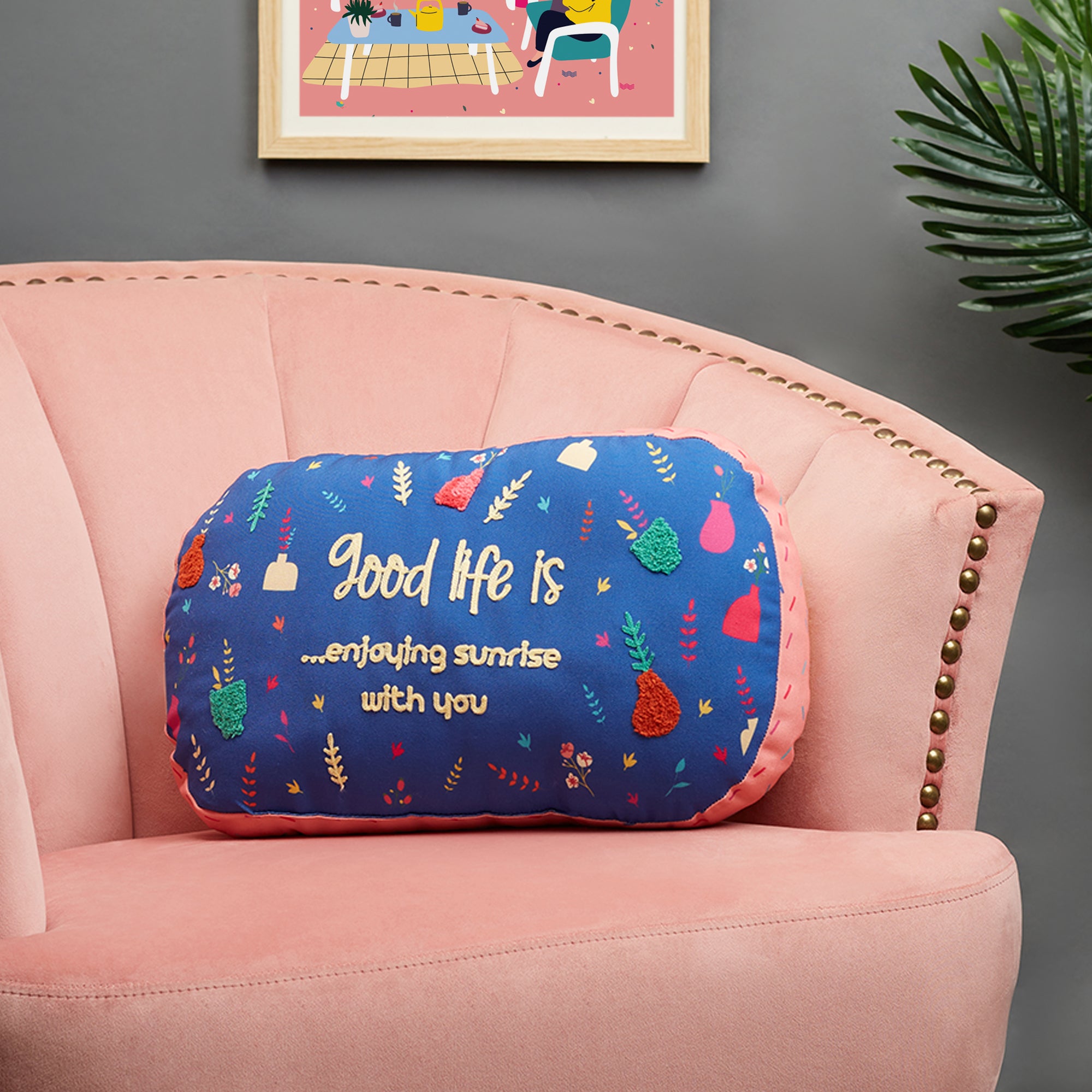 Good Life  Reversible Sunrise Digital Printed Shaped Cushion 28x45 Cm in Navy Colour
