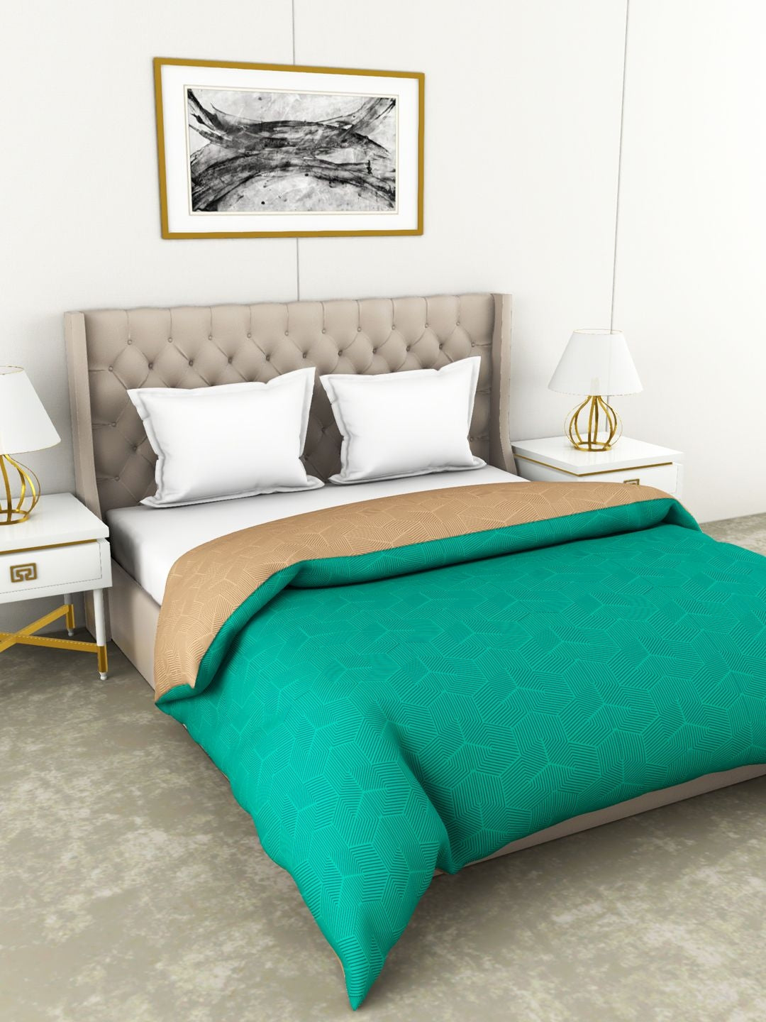 Botanical Cotton Double Comforter 229X254 Cm 210 Tc in Beige/Green Colour