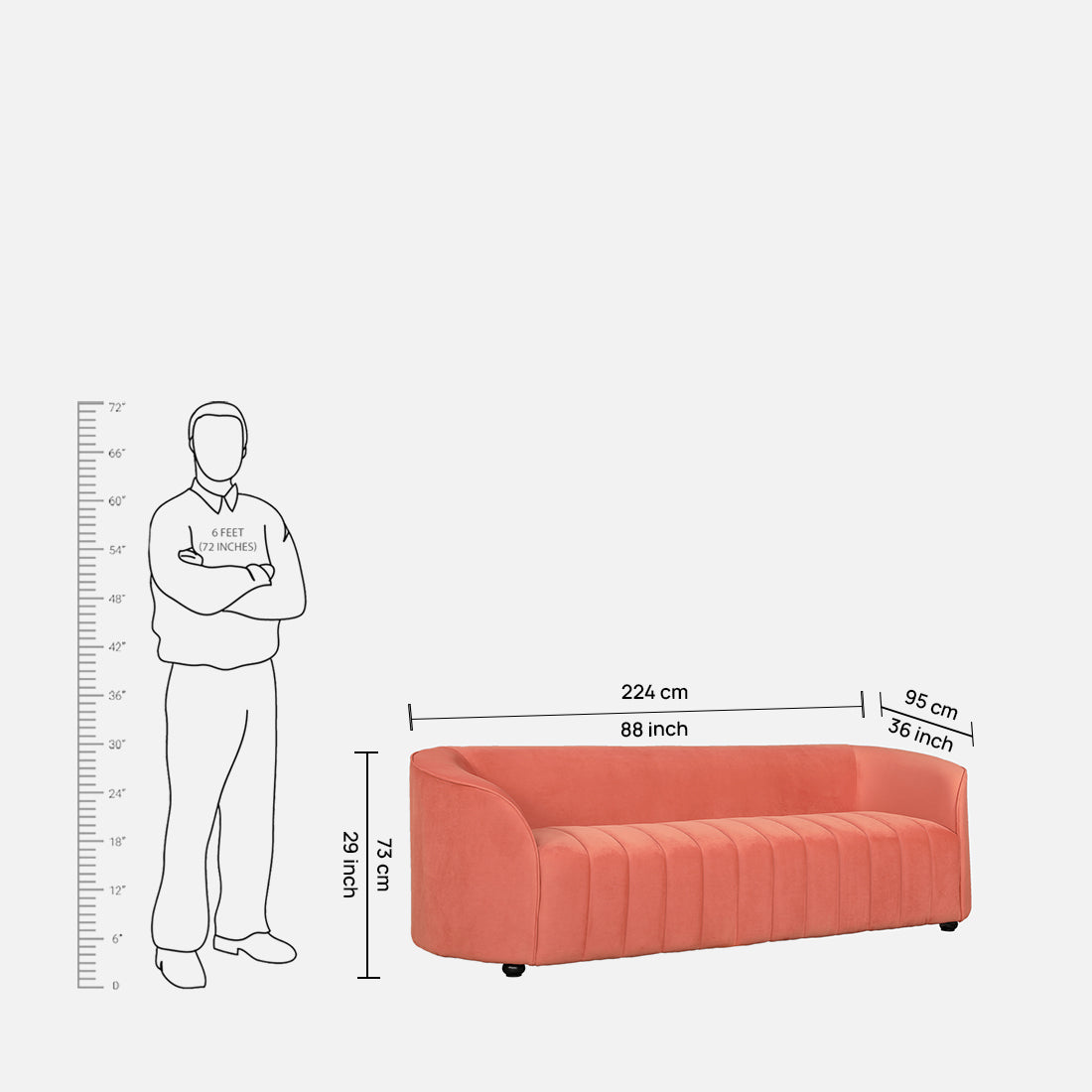 Elise Velvet Fabric Three Seater Sofa in Rust Colour