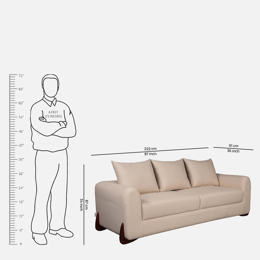 Bodhi Fabric Three Seater Sofa in Beige Colour