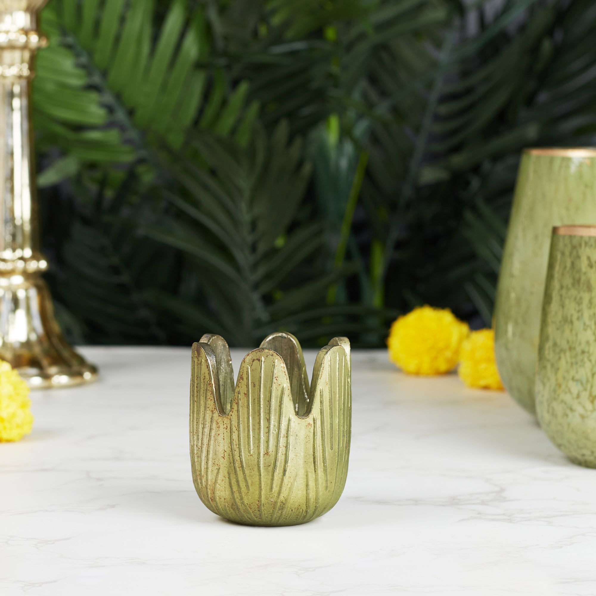 Phiona Glass Lotus Inspired Handcrafted Votive 70 Cm in Emerald Colour