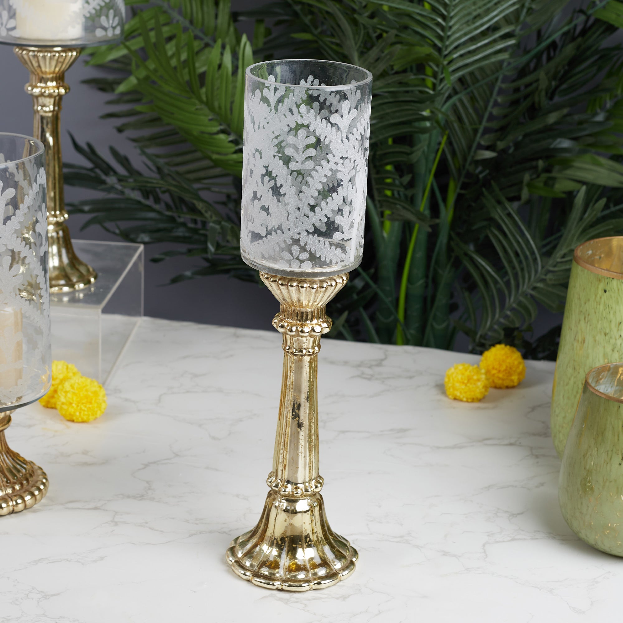 Phiona Glass Etched Handcrafted Hurricane 42 Cm in Gold Colour