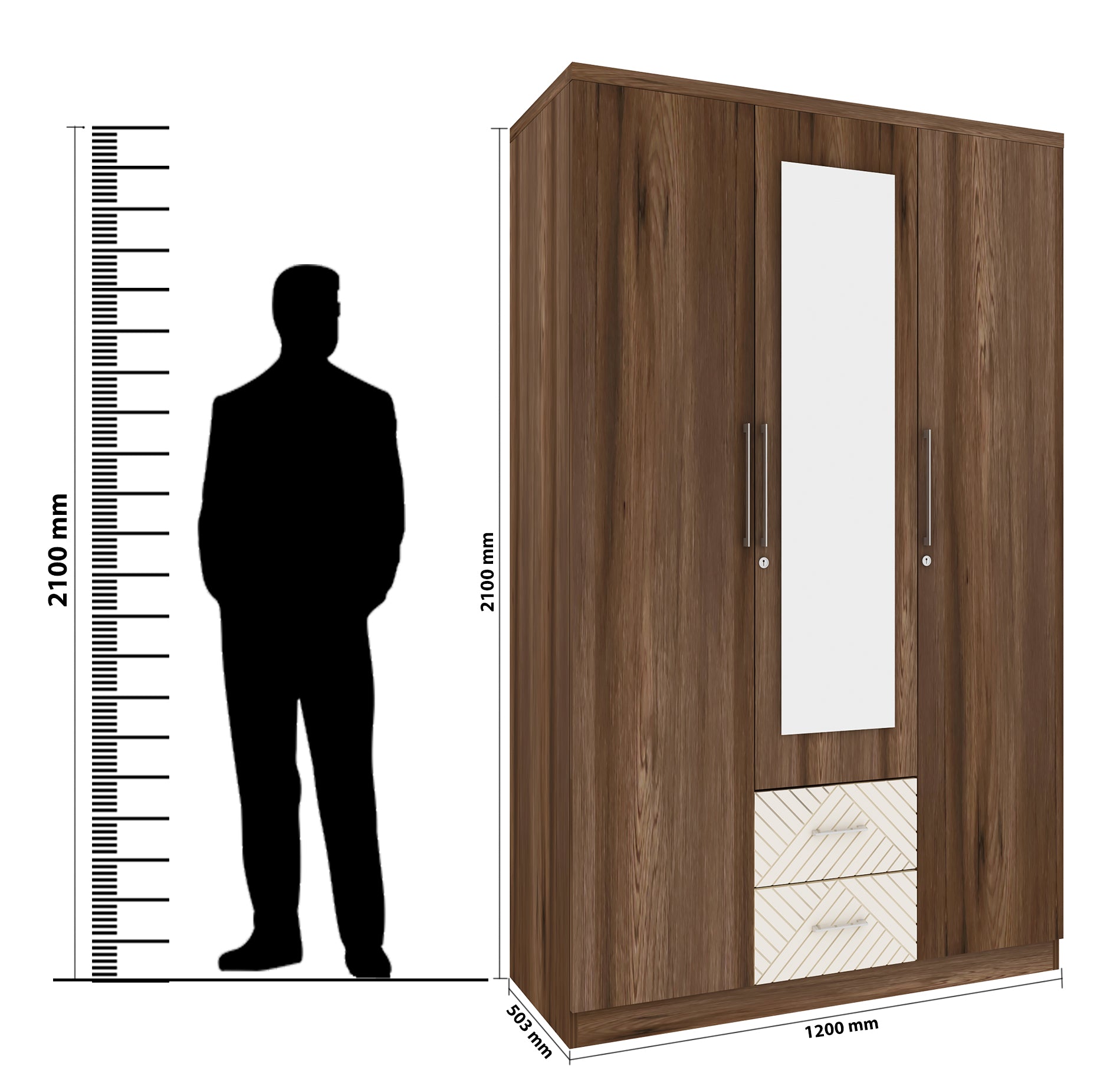Saville Engineered Wood Three Door Wardrobe with Mirror in Dark Vogue Colour