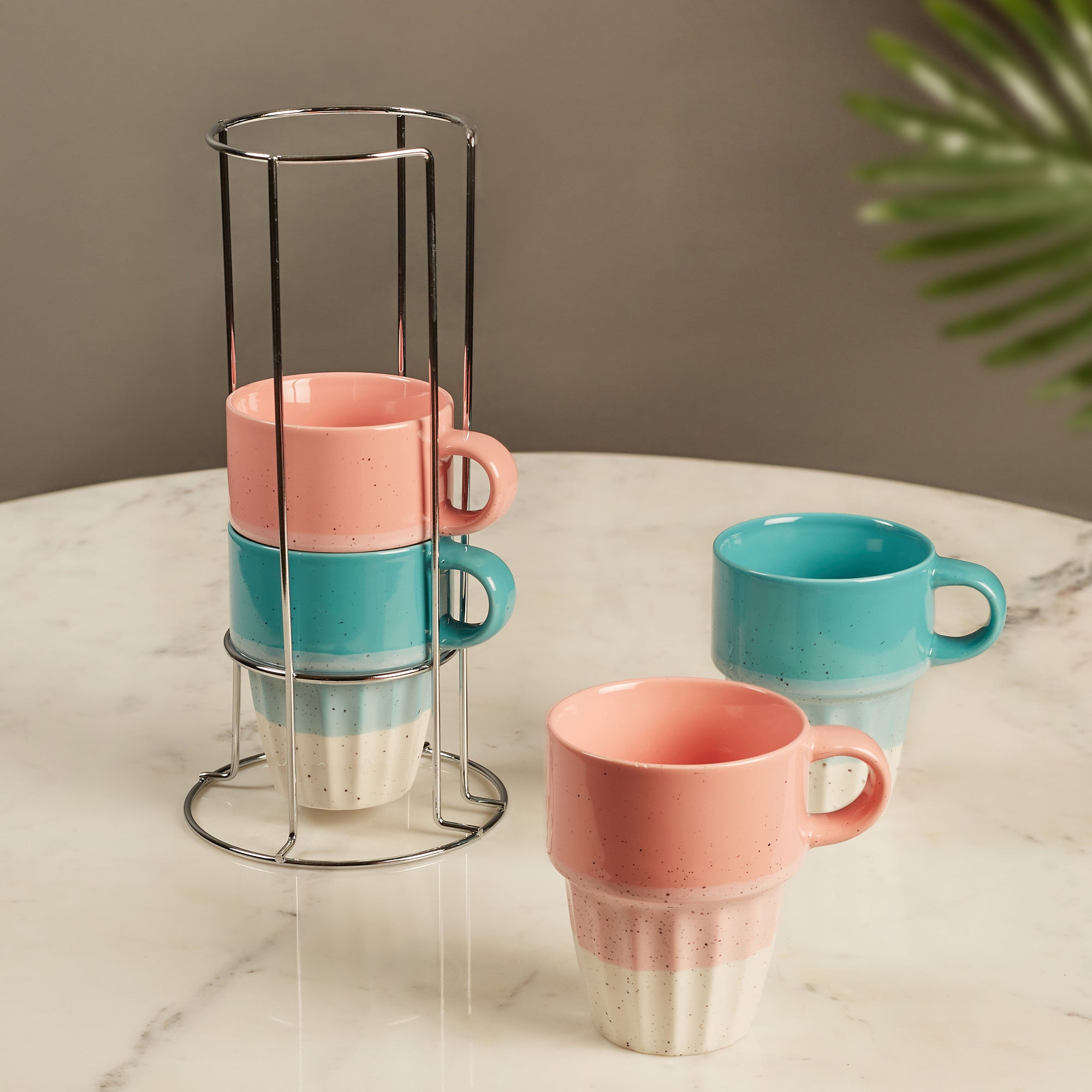 Emilia Ceramic Coffee Mugs Set Of 4 With Metal Stand in Blue & Pink Colour