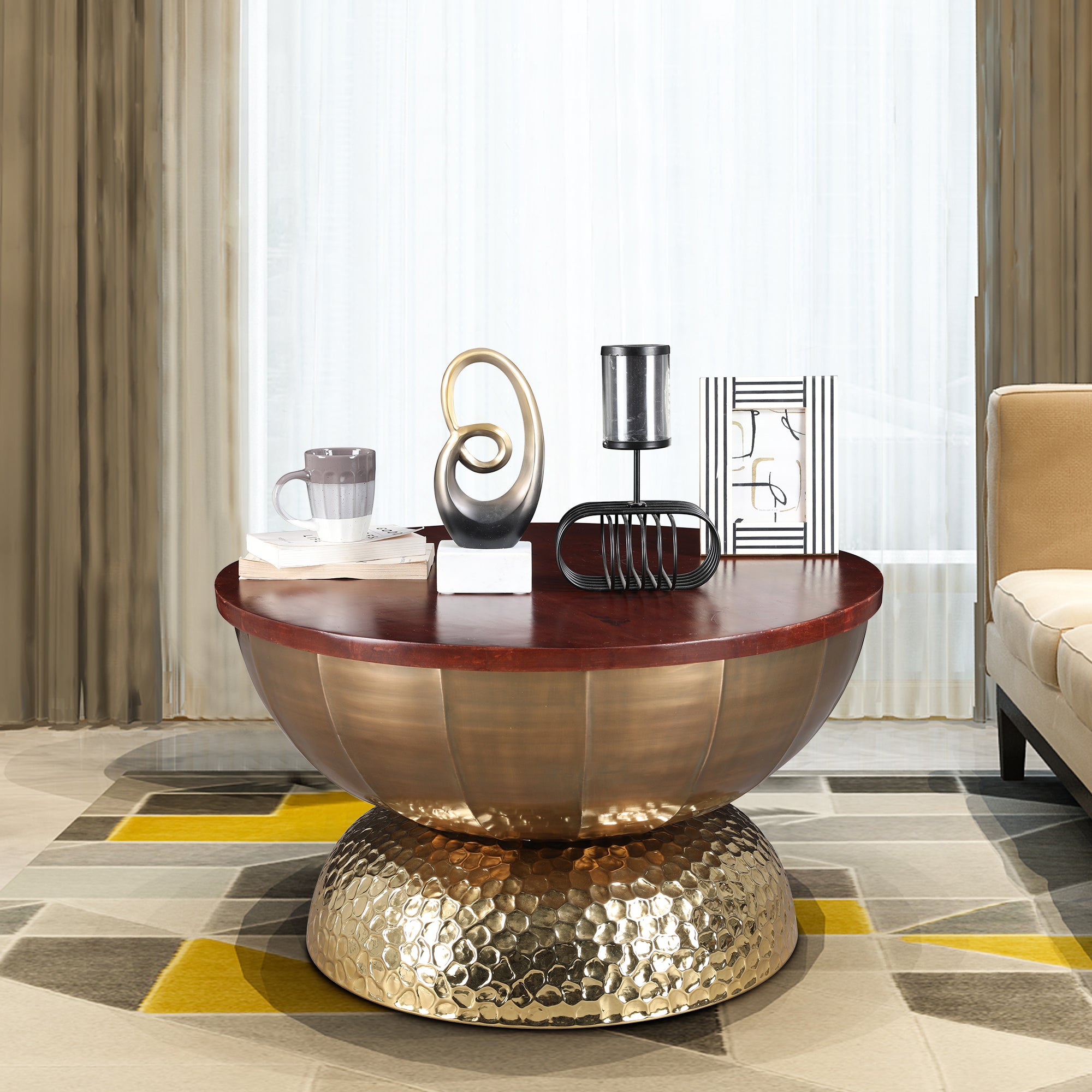 Mirbah Wood & Iron Center Table in Brown & Gold Colour