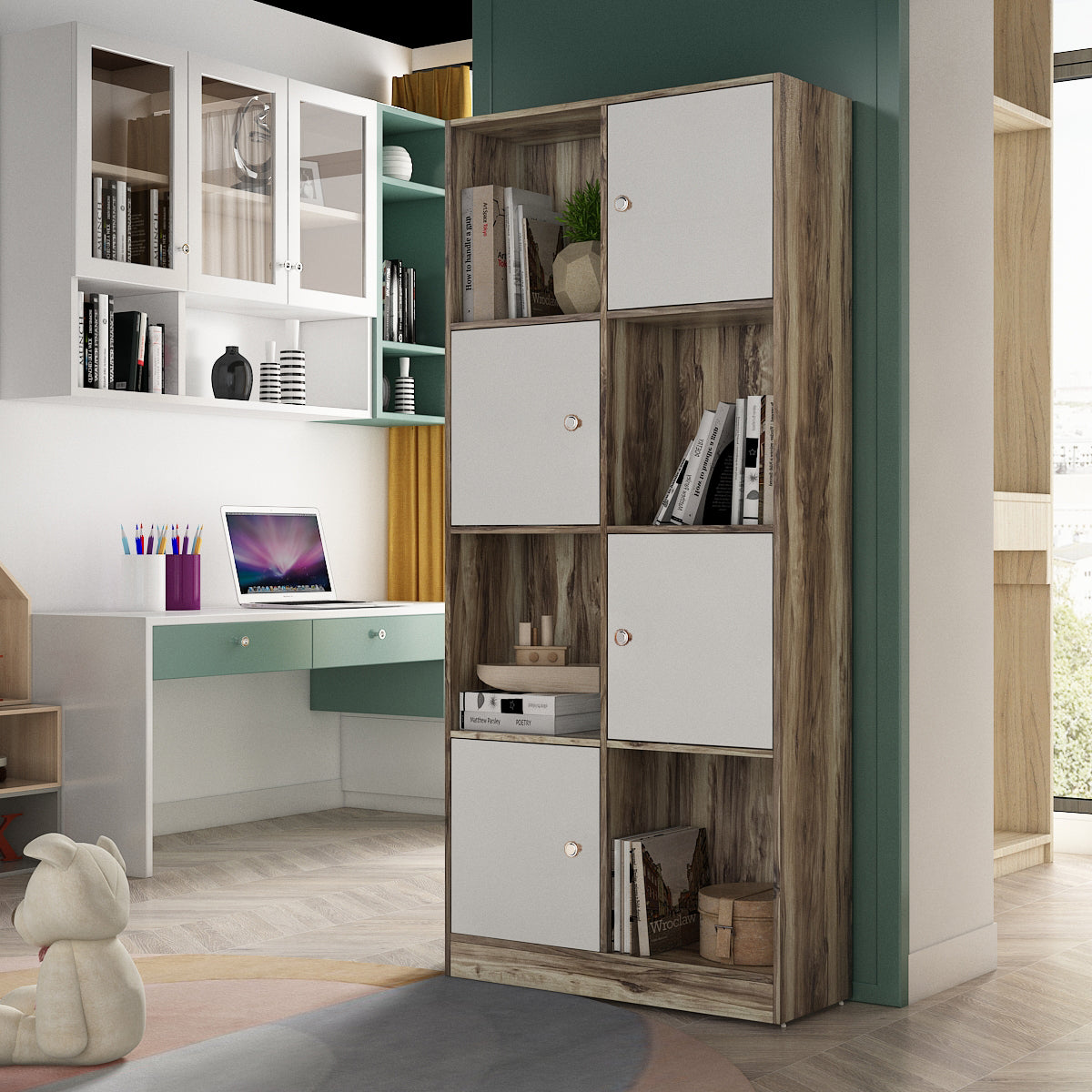 Matrix  Book Shelves in Teak + White Colour