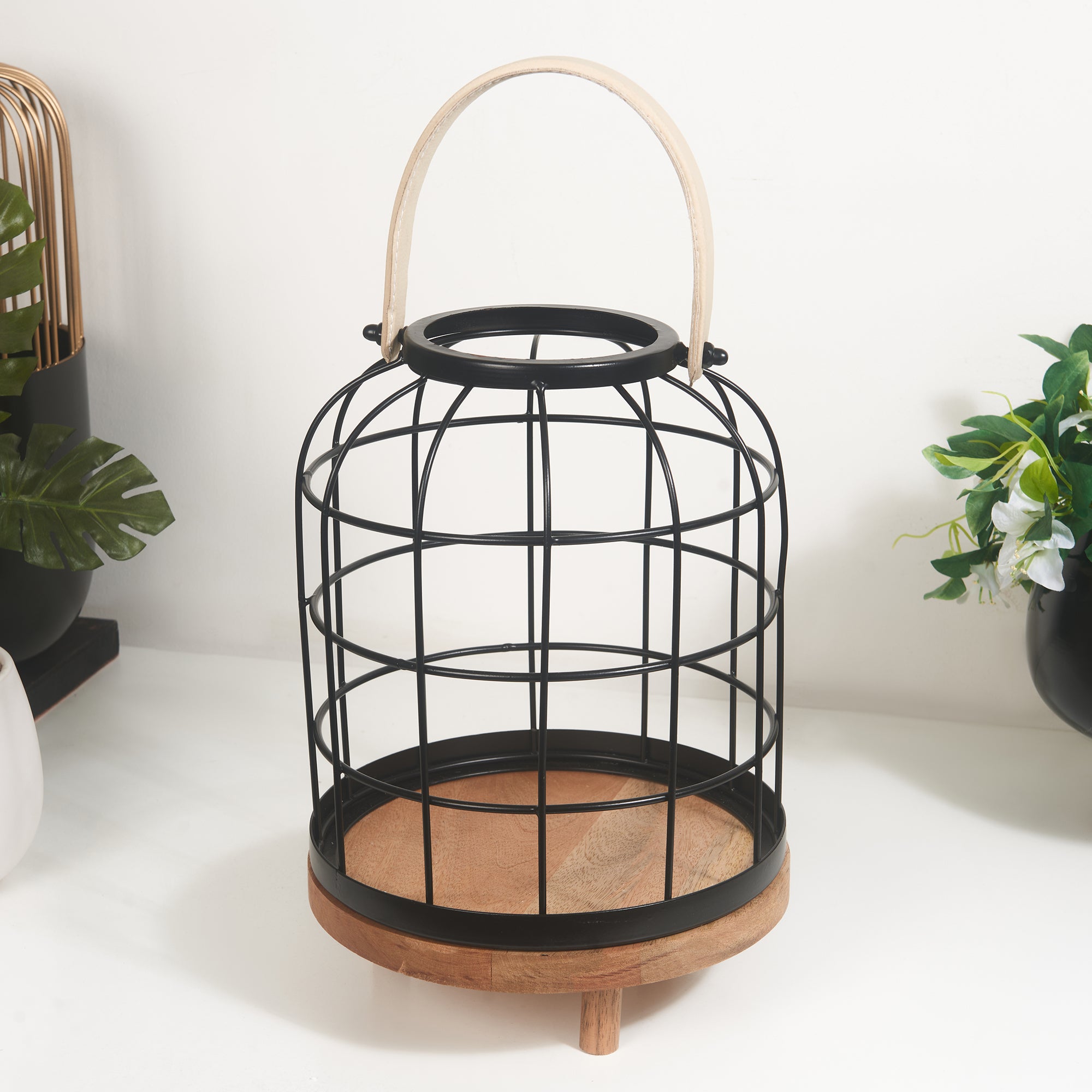 Sovereign Iron and Wood Jali Hanging Lantern 23x34Cm in Black Colour