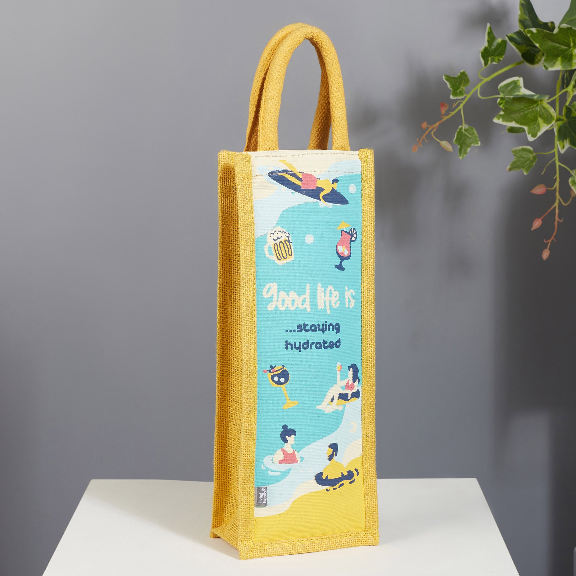 Good Life Jute Reversible Stay Hydrated Printed Zuco Bottle Bag 12 x 35.5 Cm in Turq & Yellow Colour