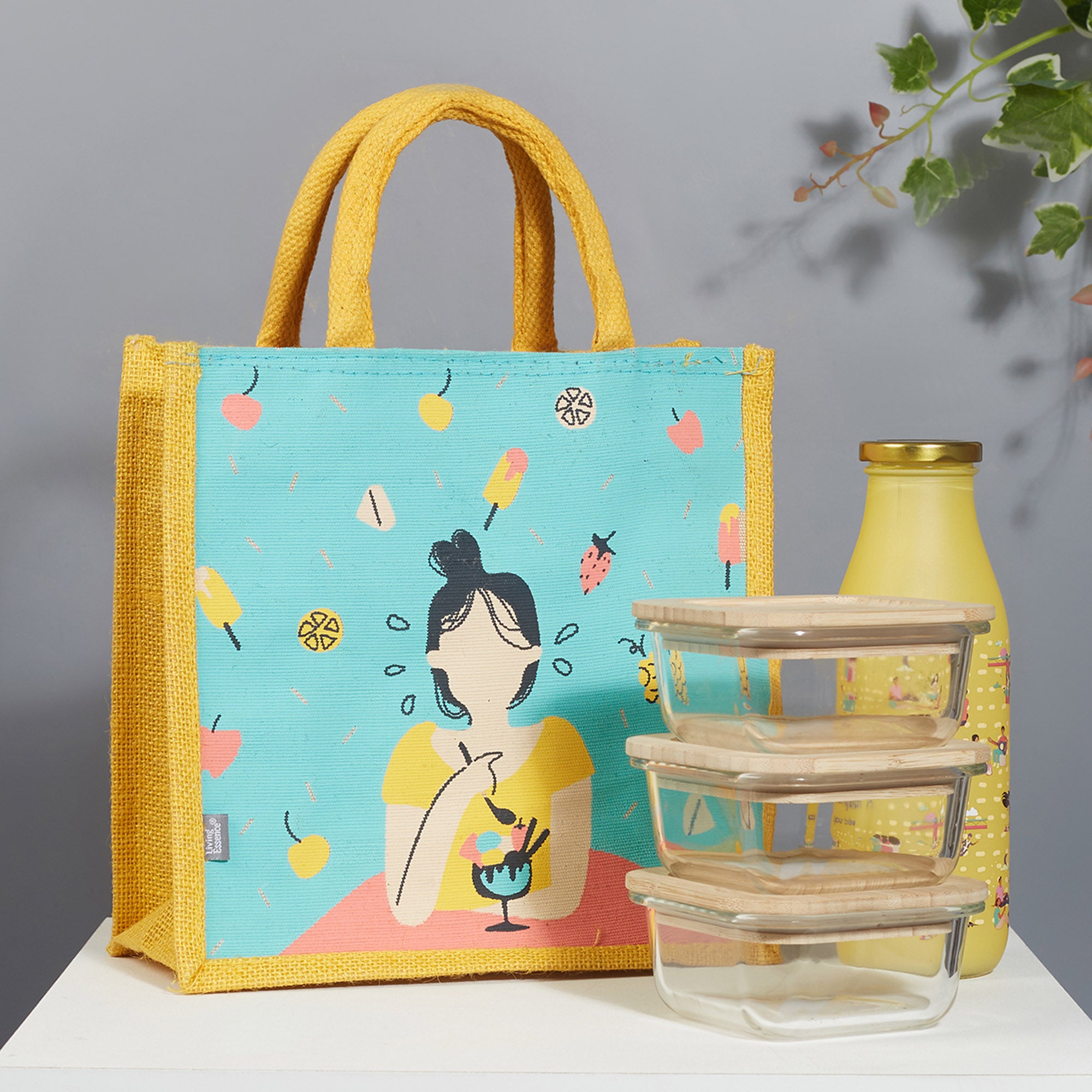 Good Life Jute Reversible Dessert Printed Lunch Bag 25.5 x 25.5 Cm in Turq & Yellow Colour
