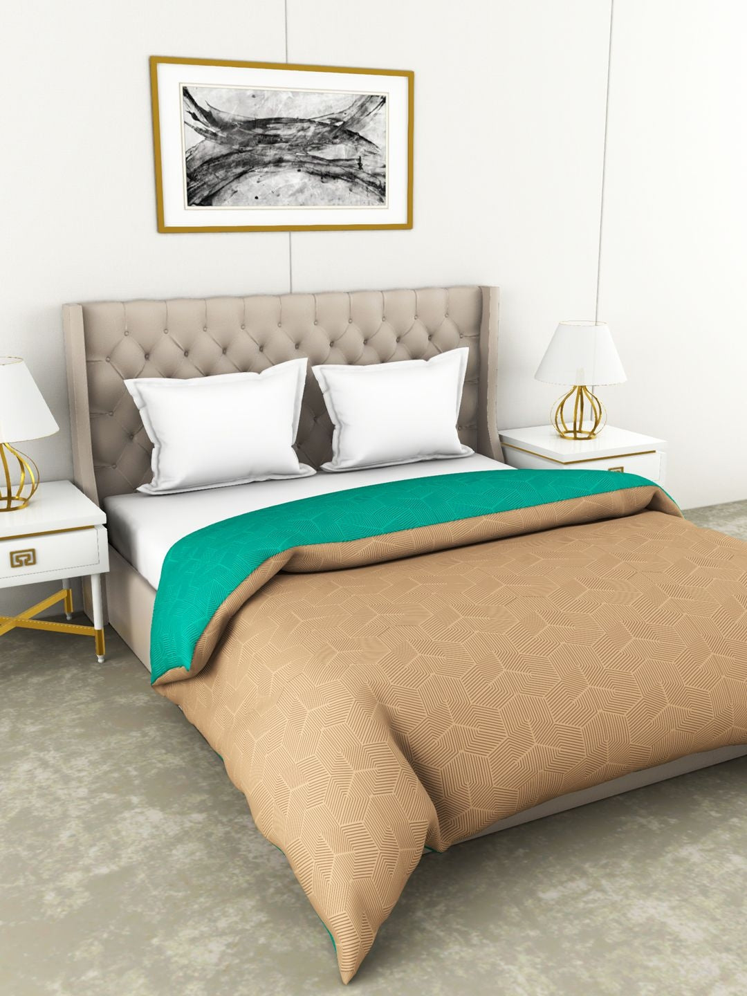 Botanical Cotton Double Comforter 229X254 Cm 210 Tc in Beige/Green Colour