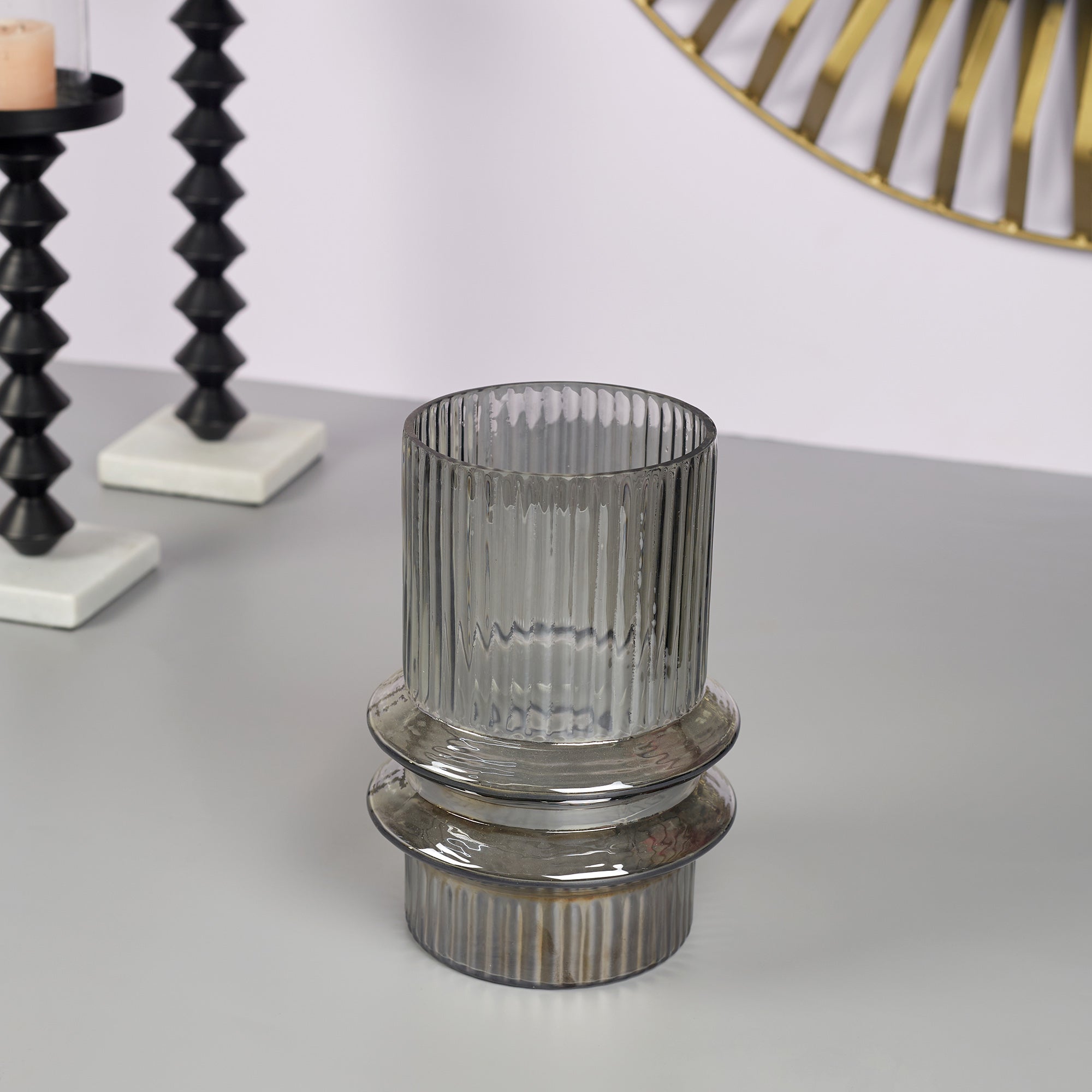 Phiona Glass Fluted Handcrafted Vase Medium 21 Cm in Black Colour
