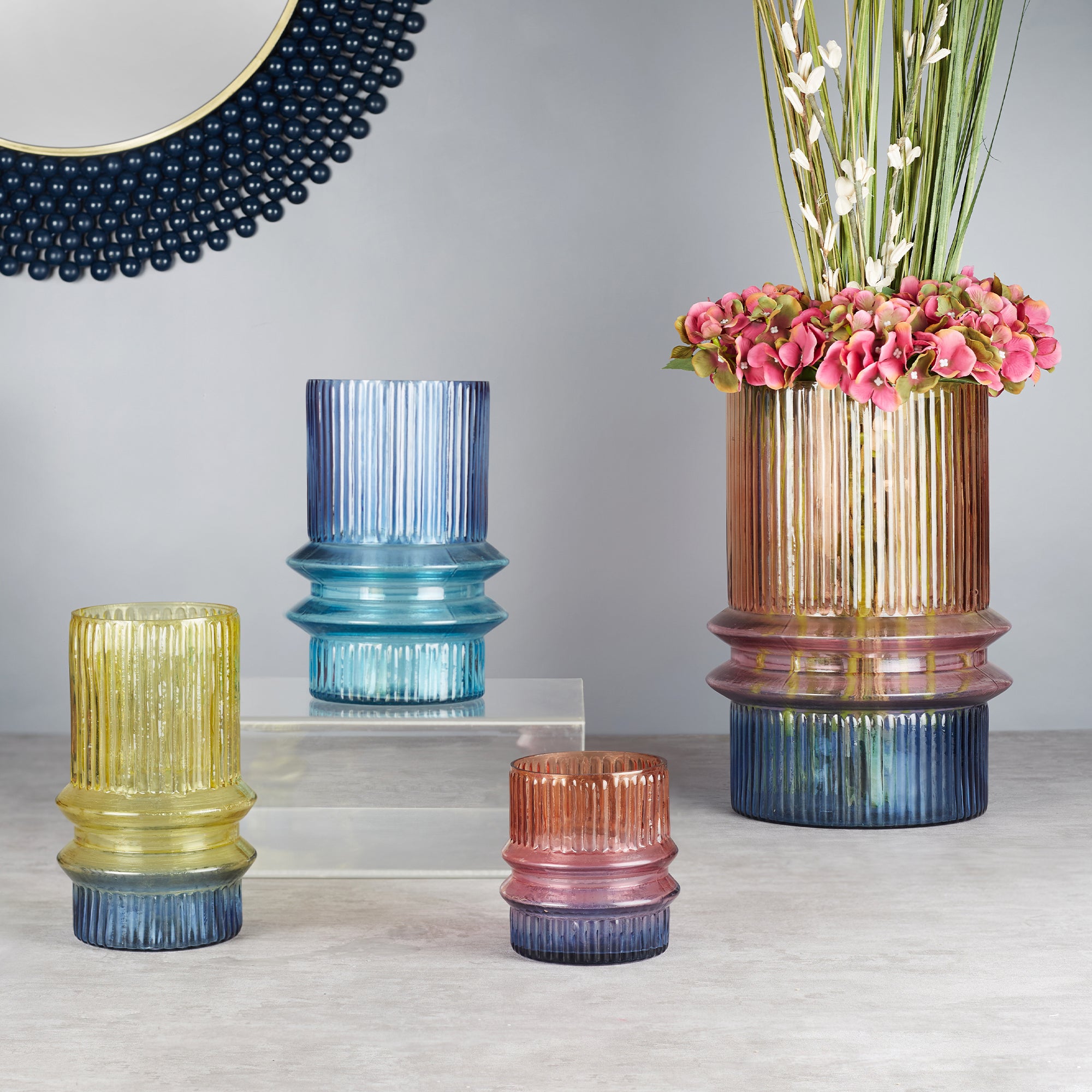Phiona Glass Fluted Handcrafted Medium Vase 21 Cm in Multi Colour