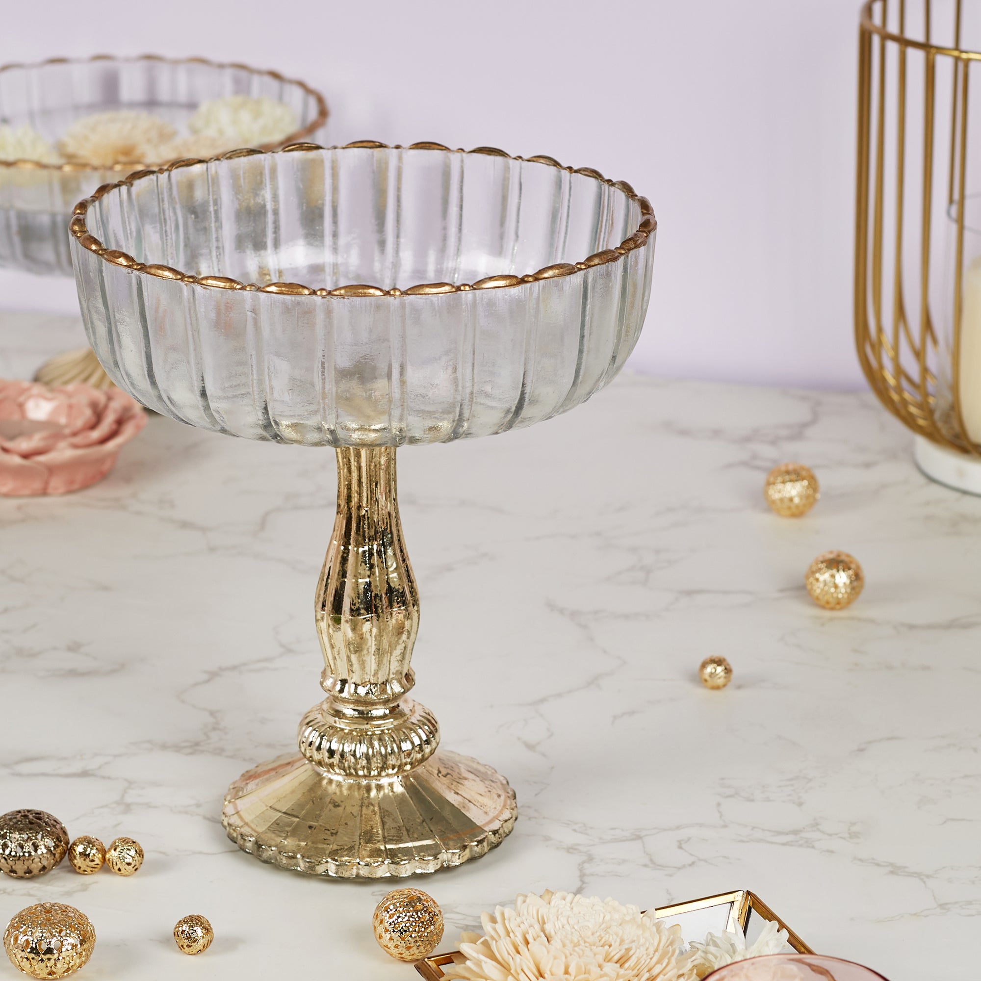Phiona Glass Fluted Handcrafted Bowl 24 Cm in Gold Colour