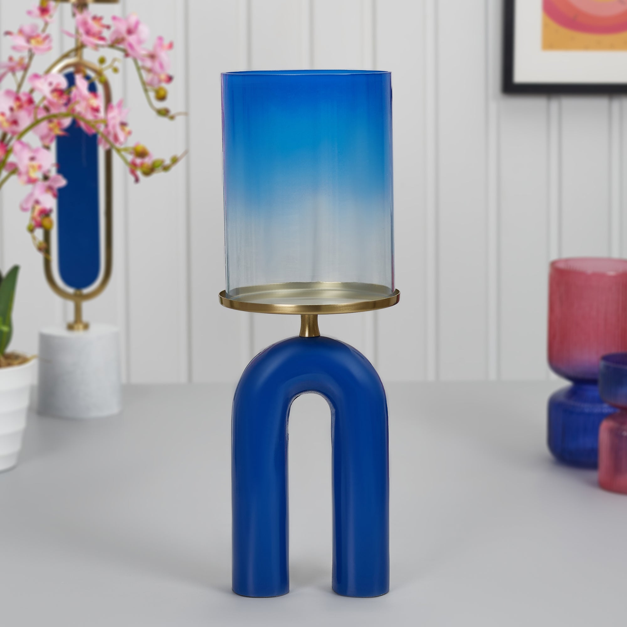 Athena Aluminium and Glass Rainbow Candle Holder 15x41 Cm in Navy Blue Colour