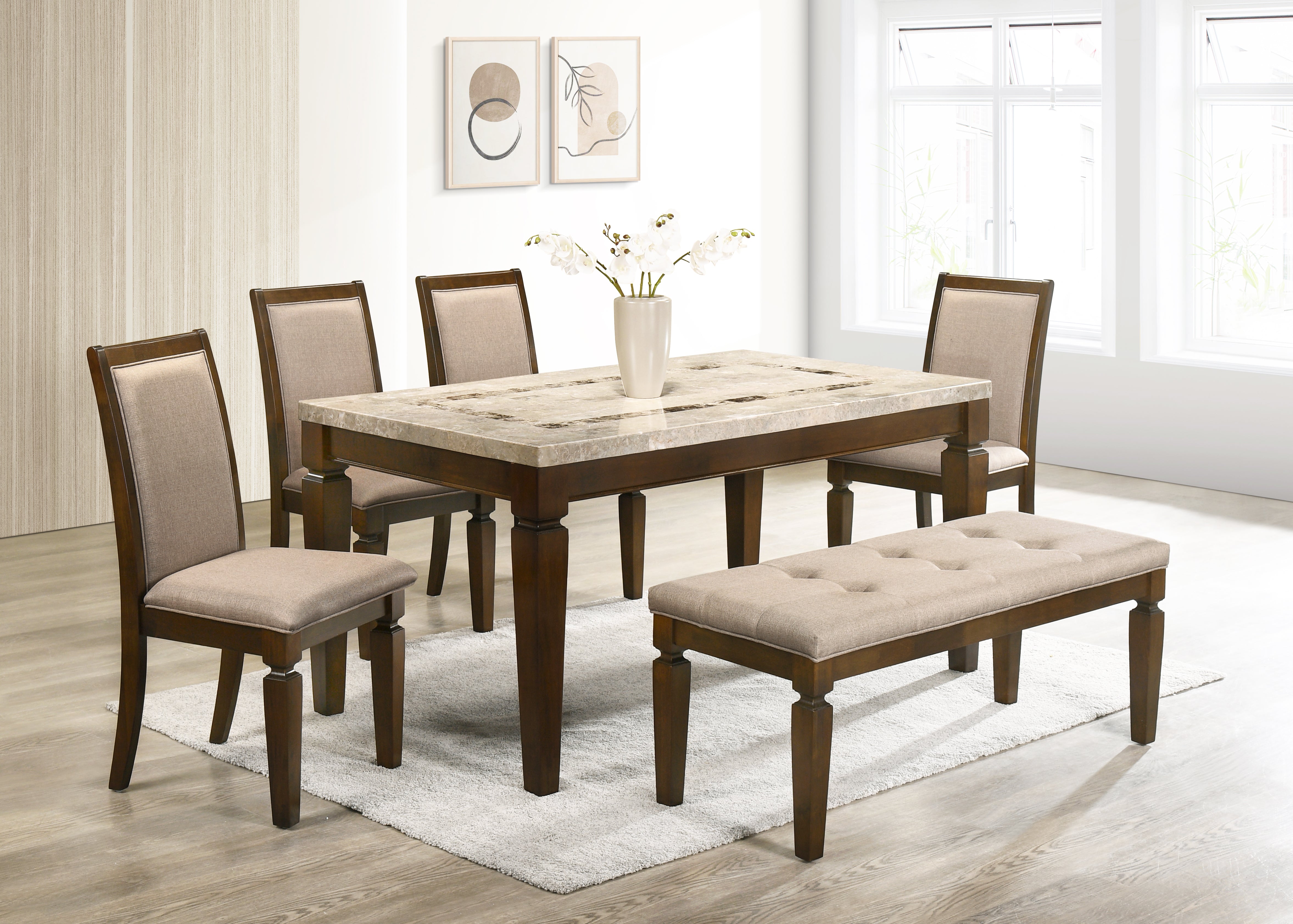 Bliss Marble Top 6 Seater Set with Bench with Inlay in Beige Colour