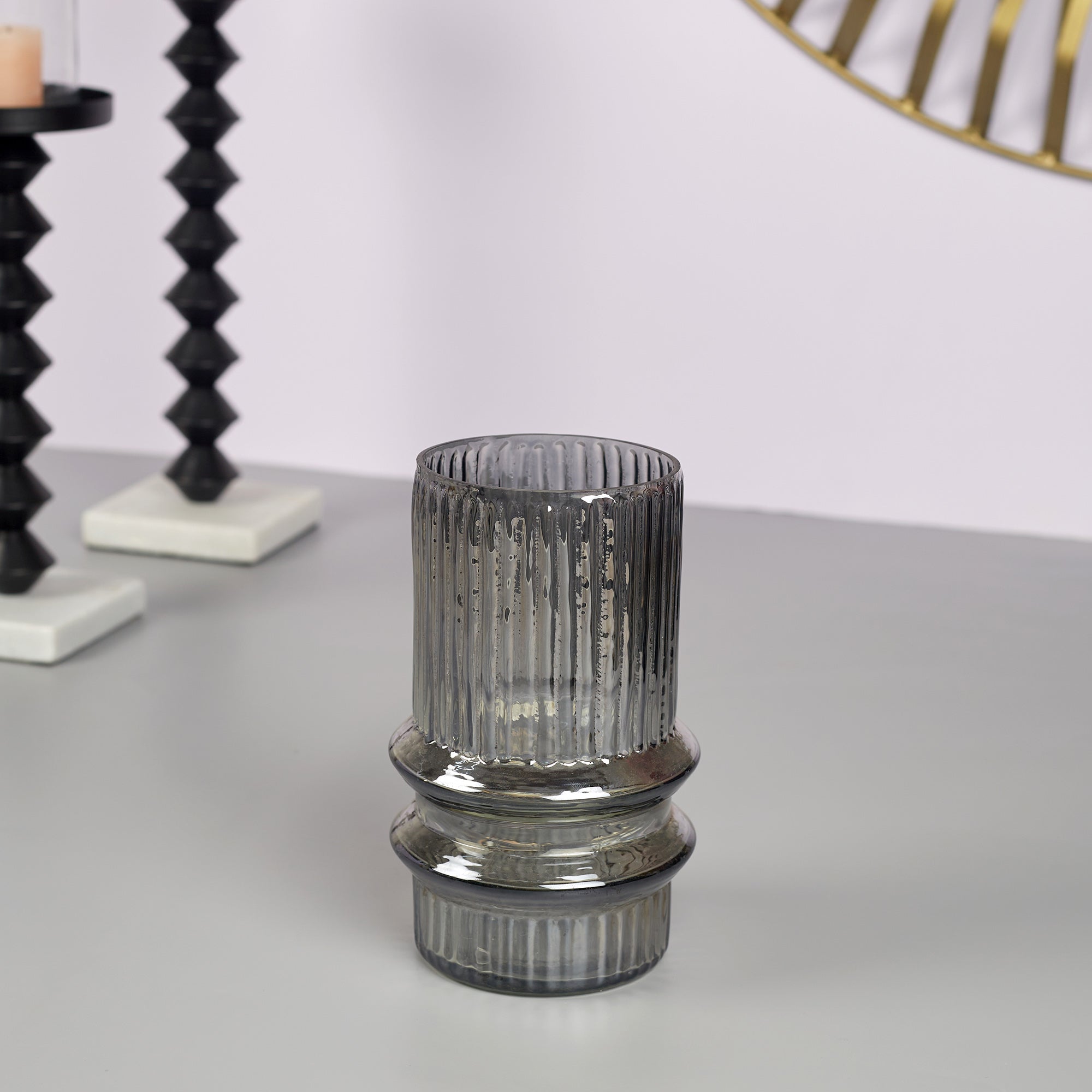 Phiona Glass Fluted Handcrafted Vase Small 18 Cm in Black Colour