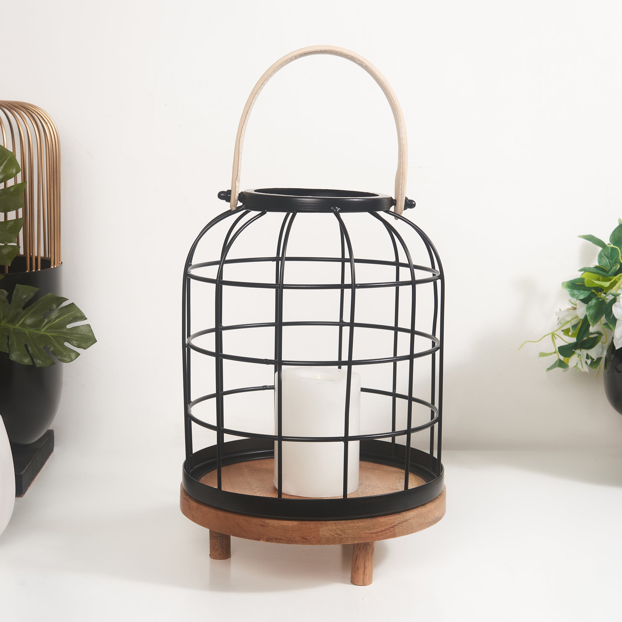 Sovereign Iron and Wood Jali Hanging Lantern 23x34Cm in Black Colour