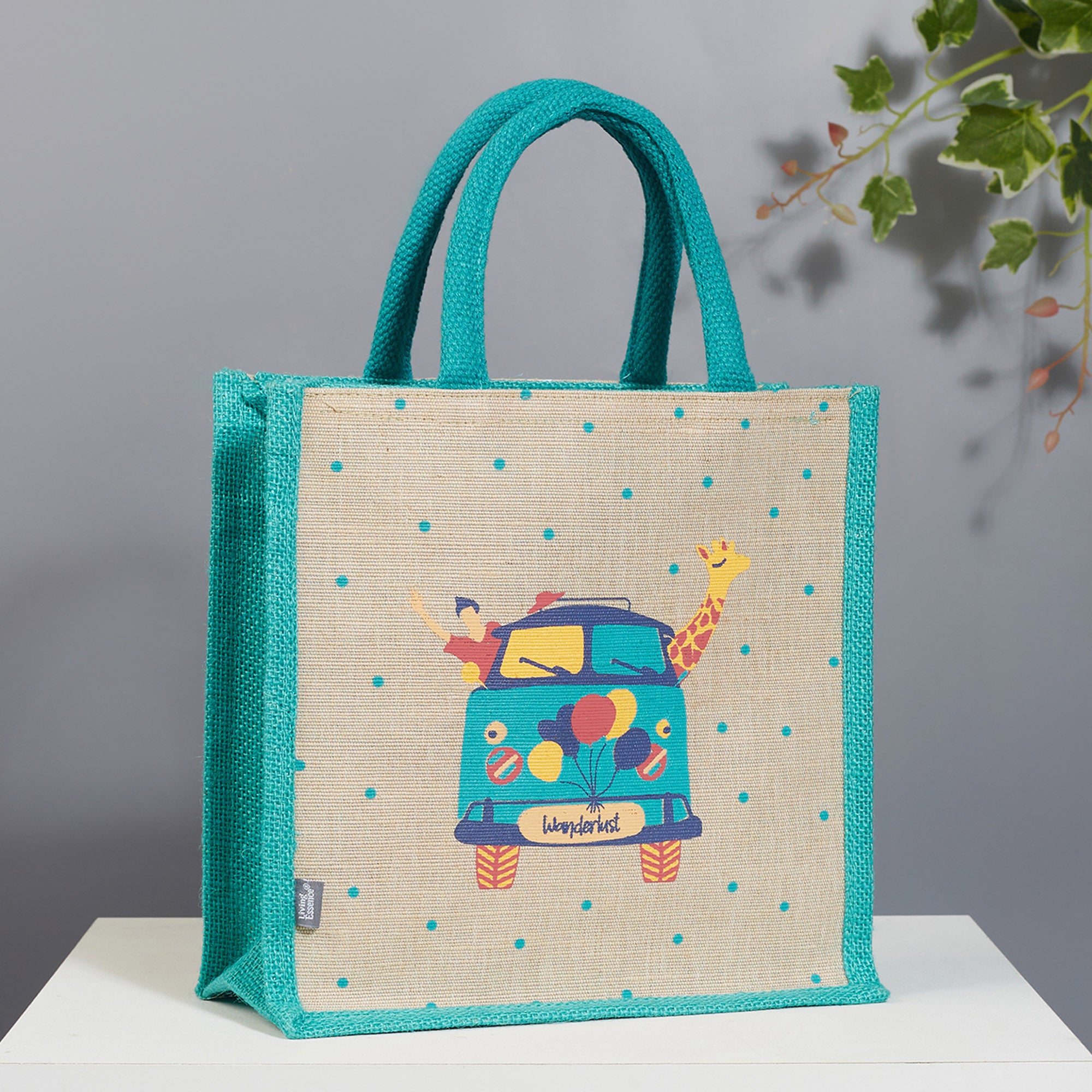 Good Life Jute Reversible Wanderlust Printed Lunch Bag 25.5 x 25.5 Cm in Turq Colour