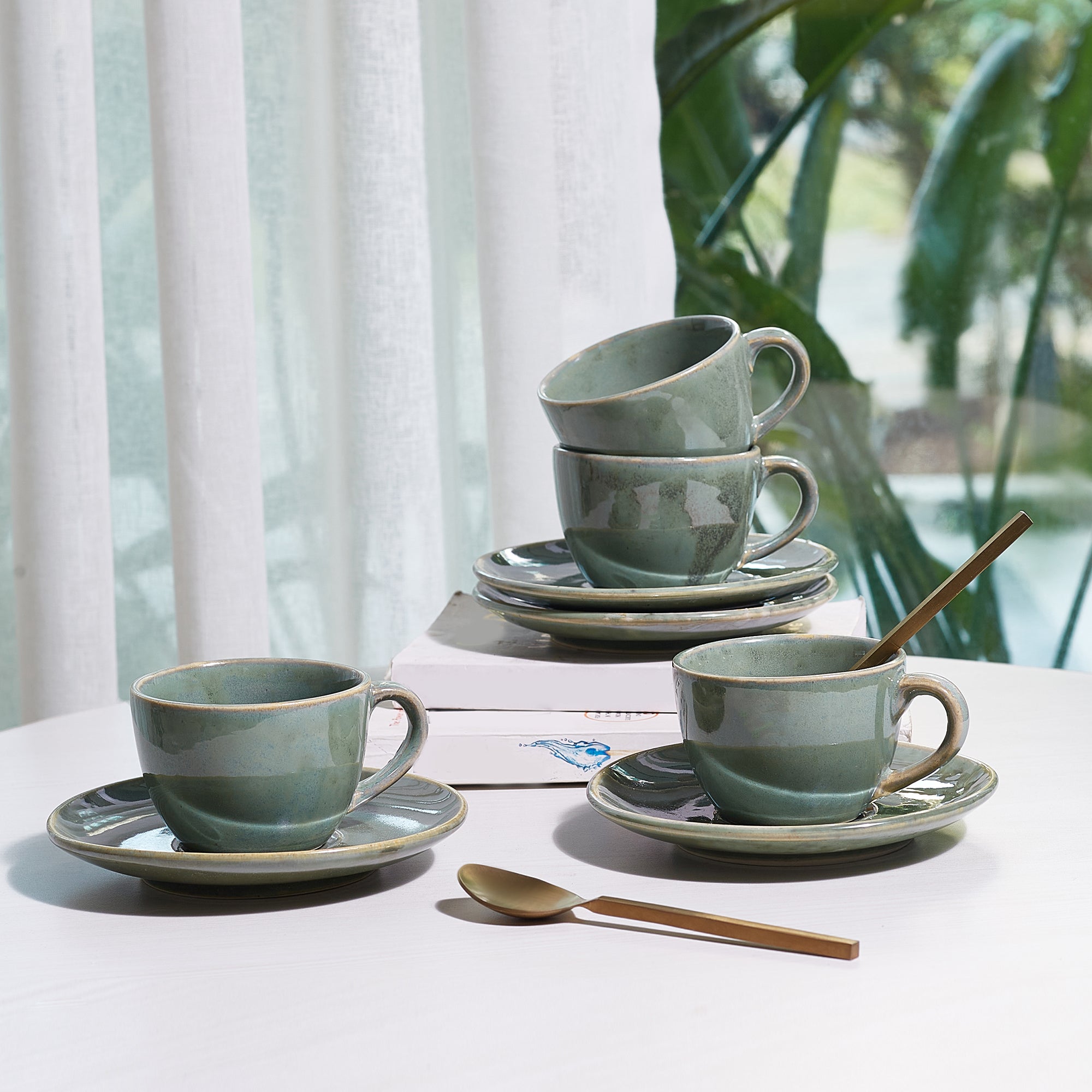 Hygge Studio Pottery Stoneware Cup & Saucer Set of 4 in Sage Green Colour