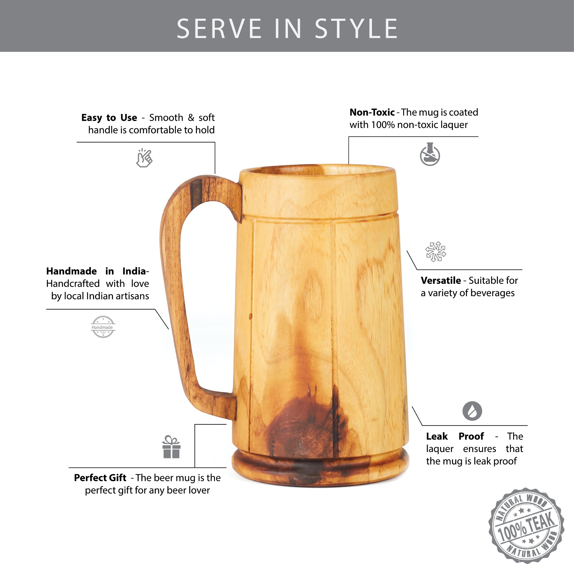 Beautiful Kitchen Wood Beer Mug in Brown Colour
