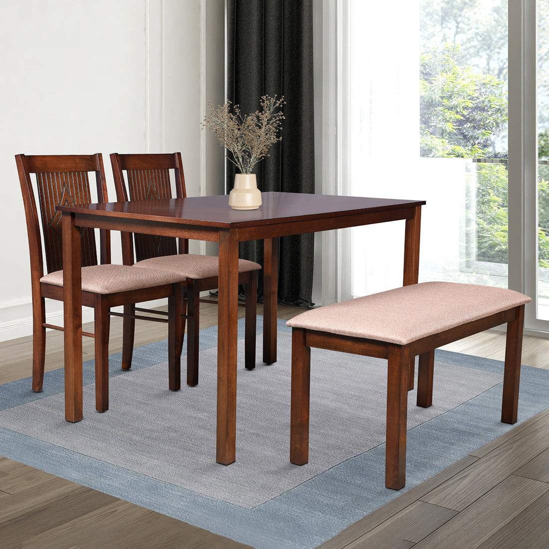 Aravali Rubber Wood Four Seater Dining Set With Bench in Antique Cherry Colour
