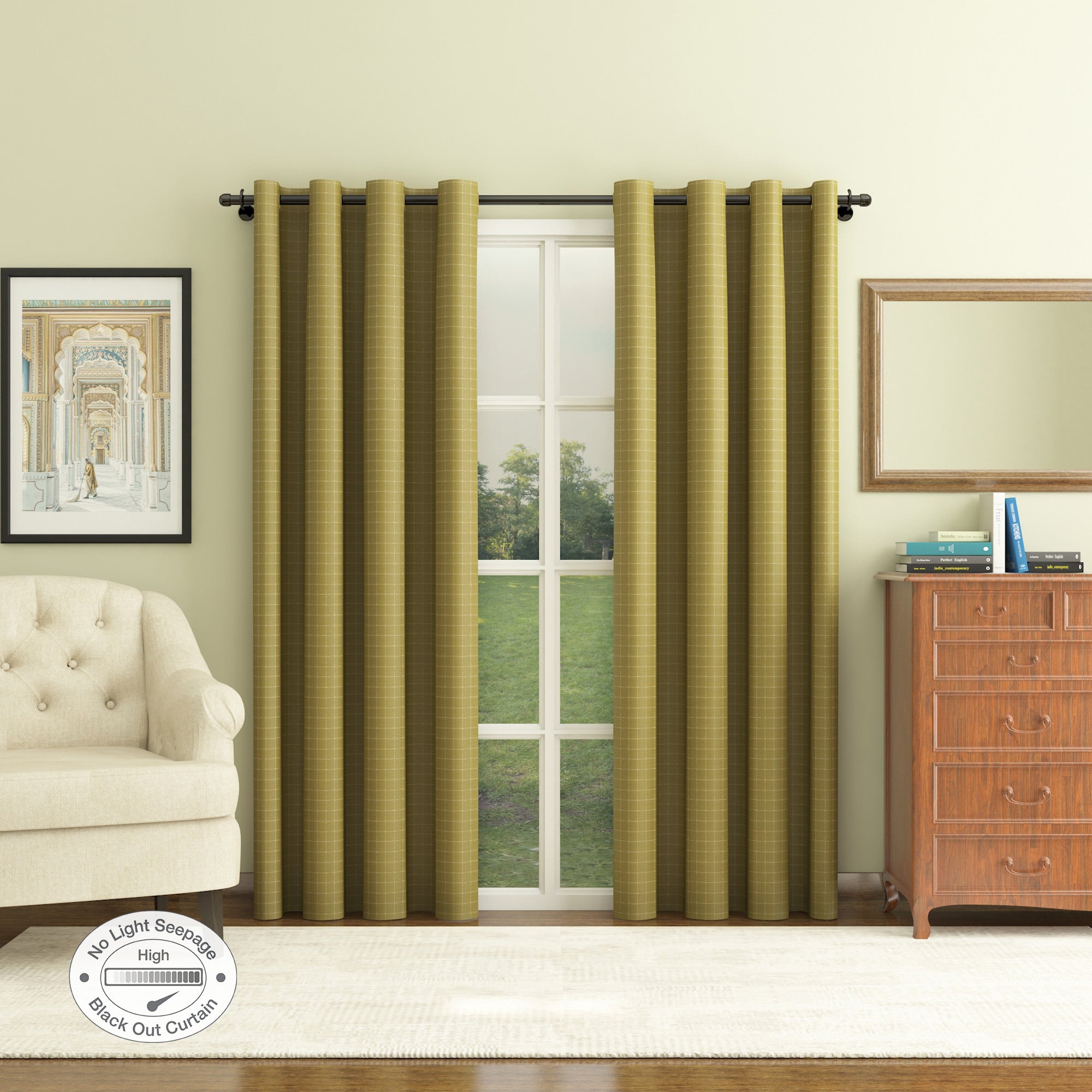 Emilia Set of 2 Foiled Double Layered Black Out Door Curtains 7 Feet in Citron Colour