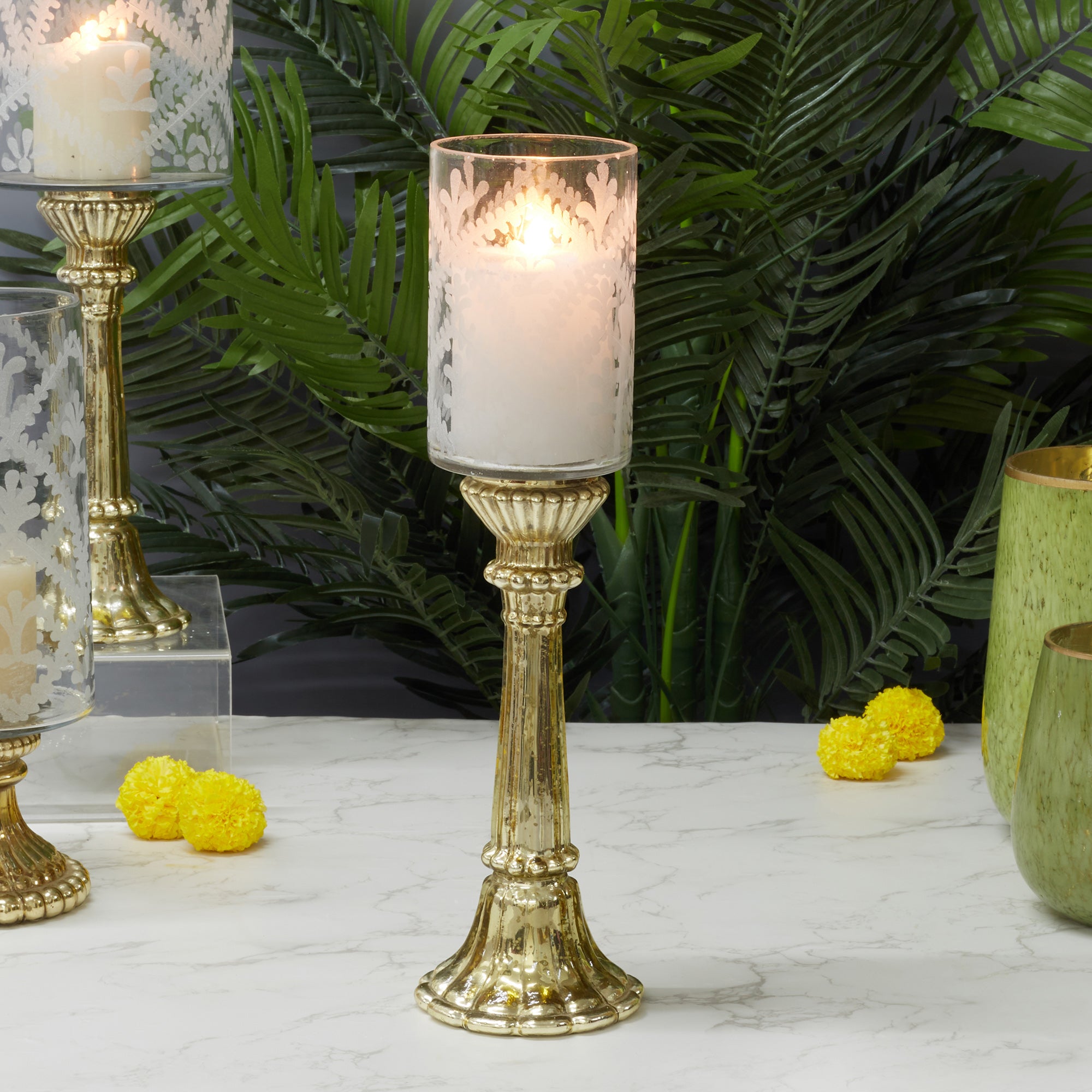 Phiona Glass Etched Handcrafted Hurricane 42 Cm in Gold Colour
