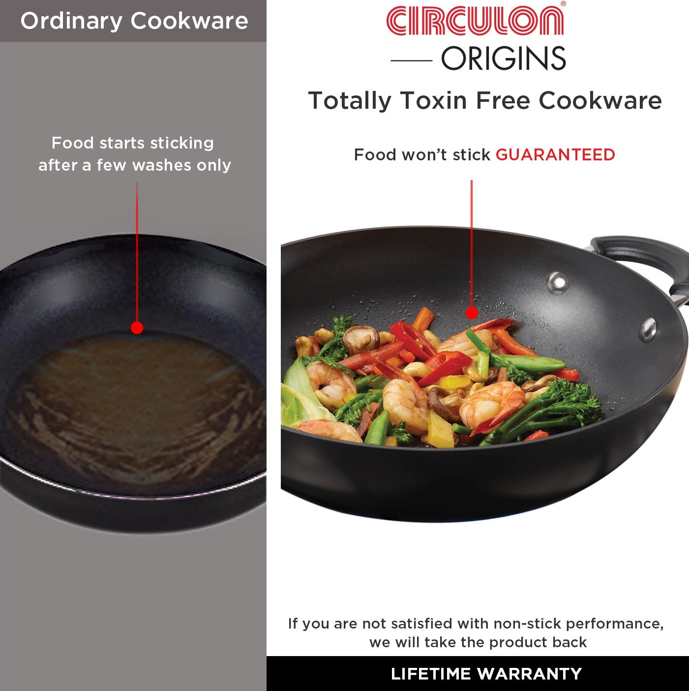 Circulon Origins Hard Anodized Aluminium Non Stick Kadai With Glass Lid 30Cm in Black Colour