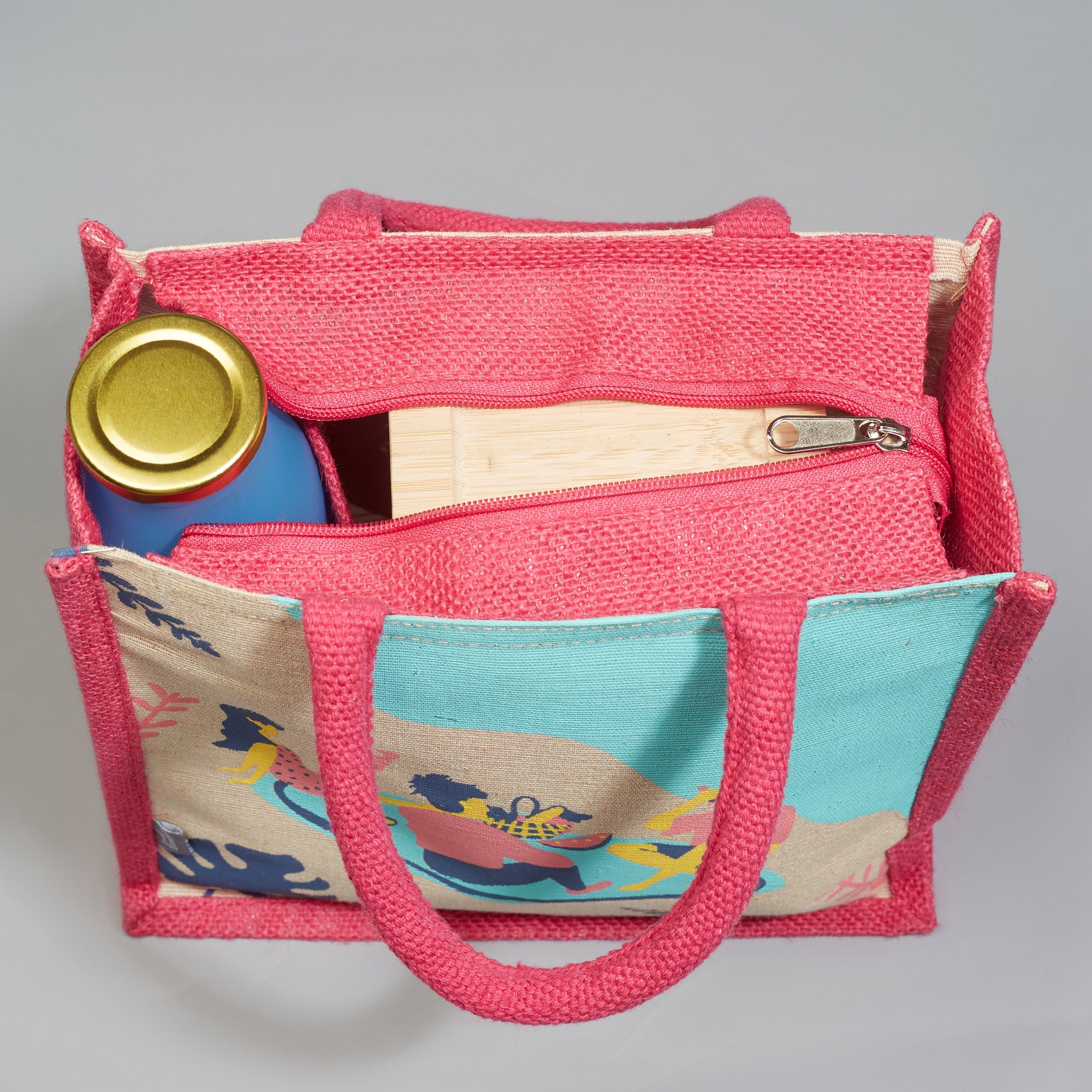 Good Life Jute Reversible Salt, Sea & Snack Printed Lunch Bag 25.5 x 25.5 Cm in Pink Colour