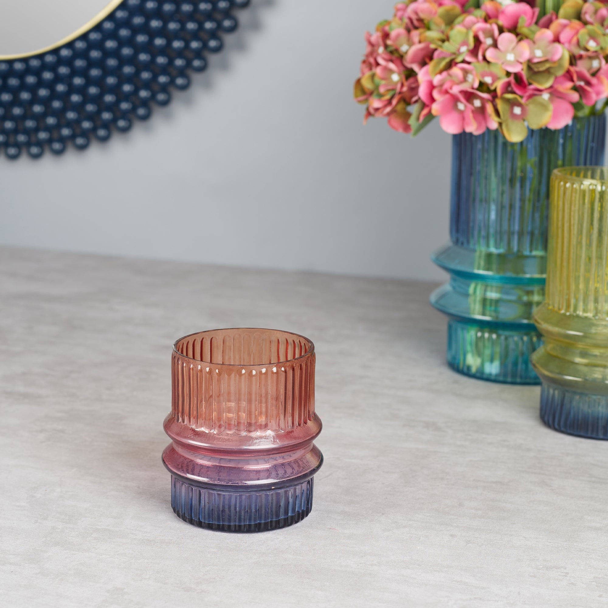 Phiona Glass Fluted Handcrafted Votive 10 Cm in Multi Colour