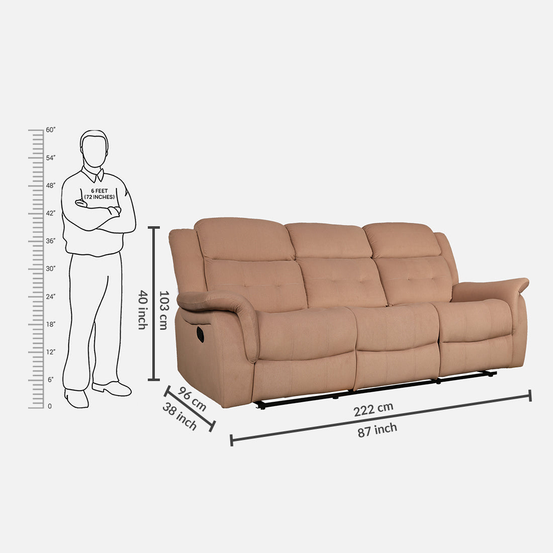Attila Fabric Three Seater Recliner in Brown Colour
