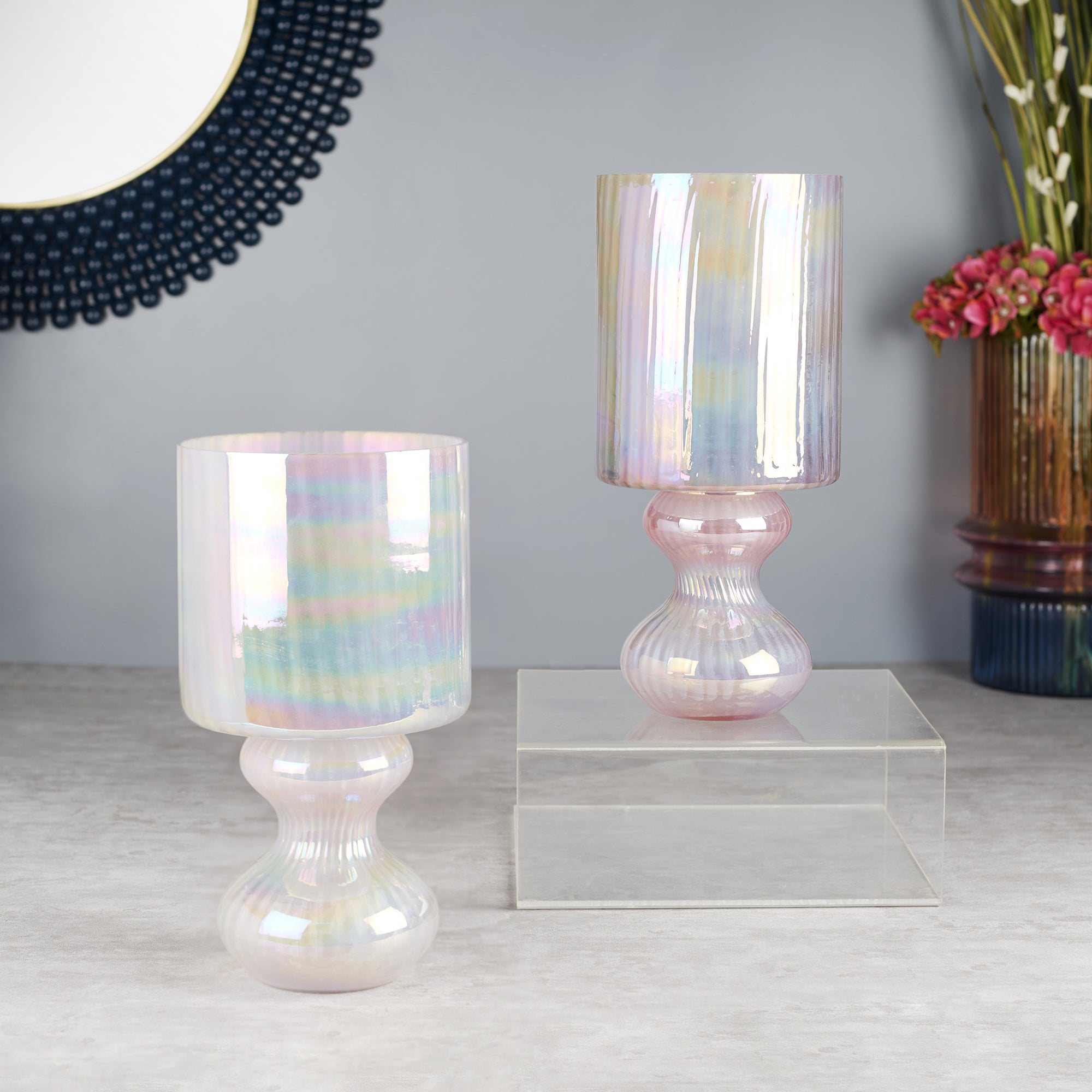 Phiona Glass Fluted Handcrafted Hurricane 29 Cm in Blush Colour