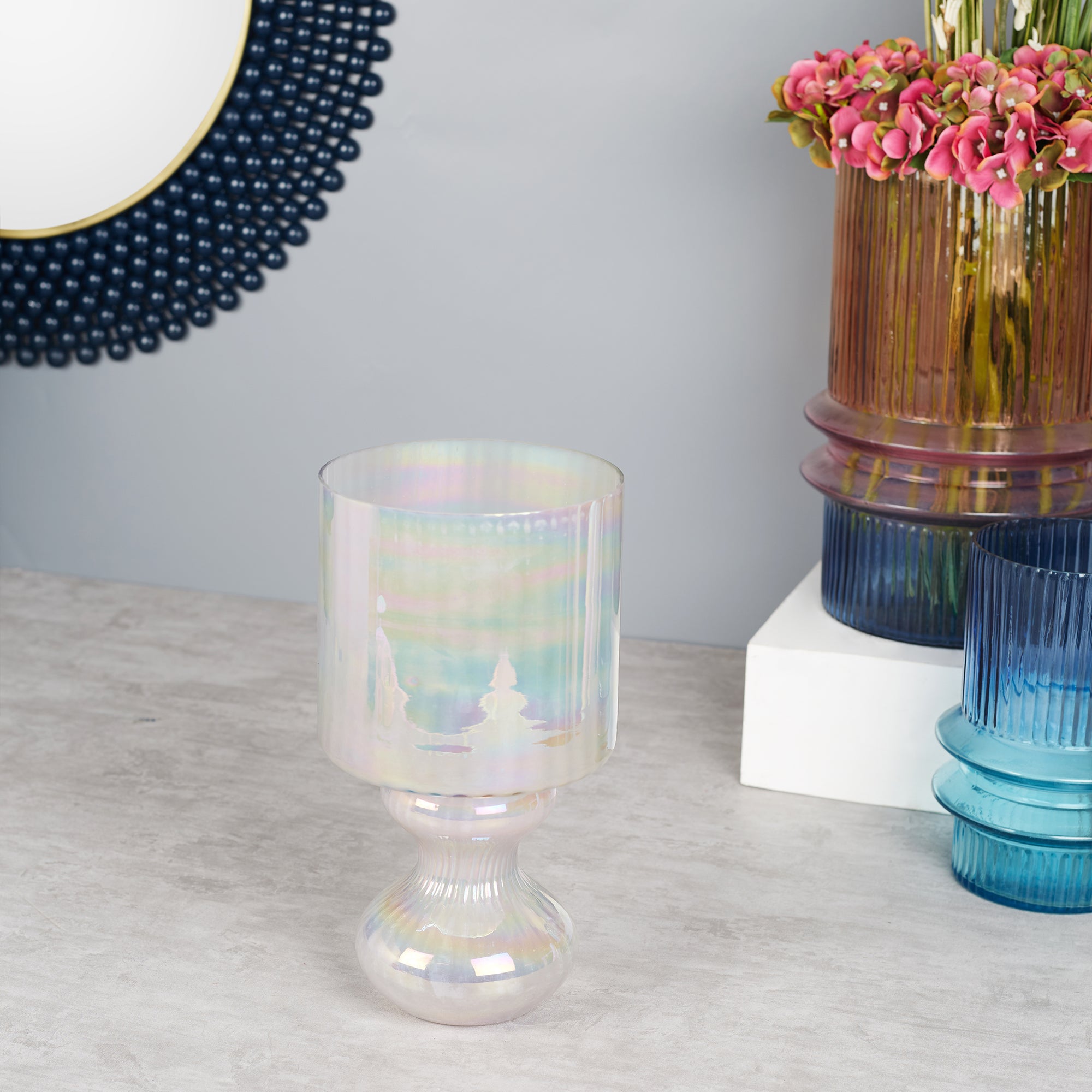 Phiona Glass Fluted Handcrafted Hurricane 29 Cm in Blush Colour