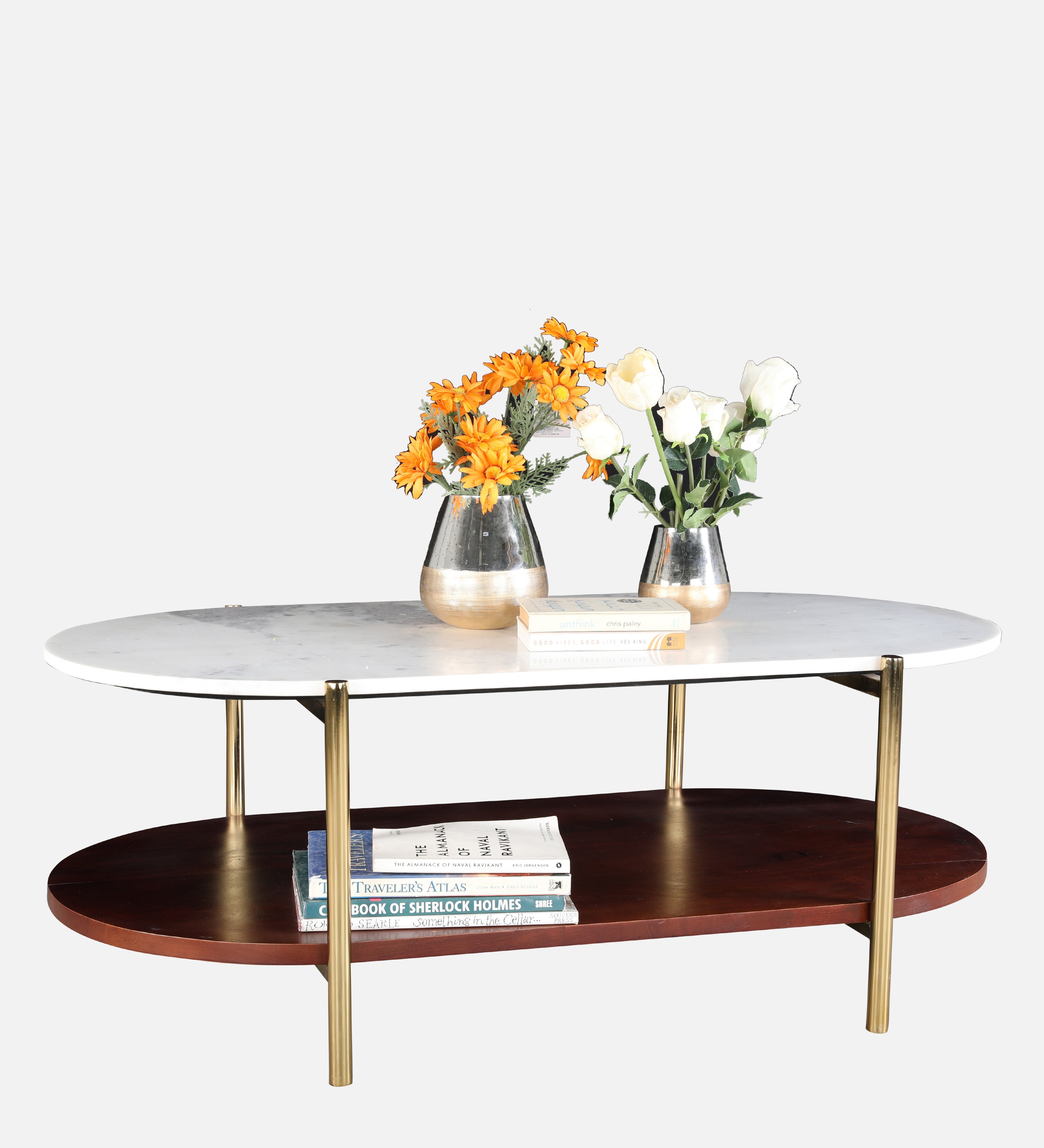 Amira Marble & Wood Center Table in White & Walnut Colour