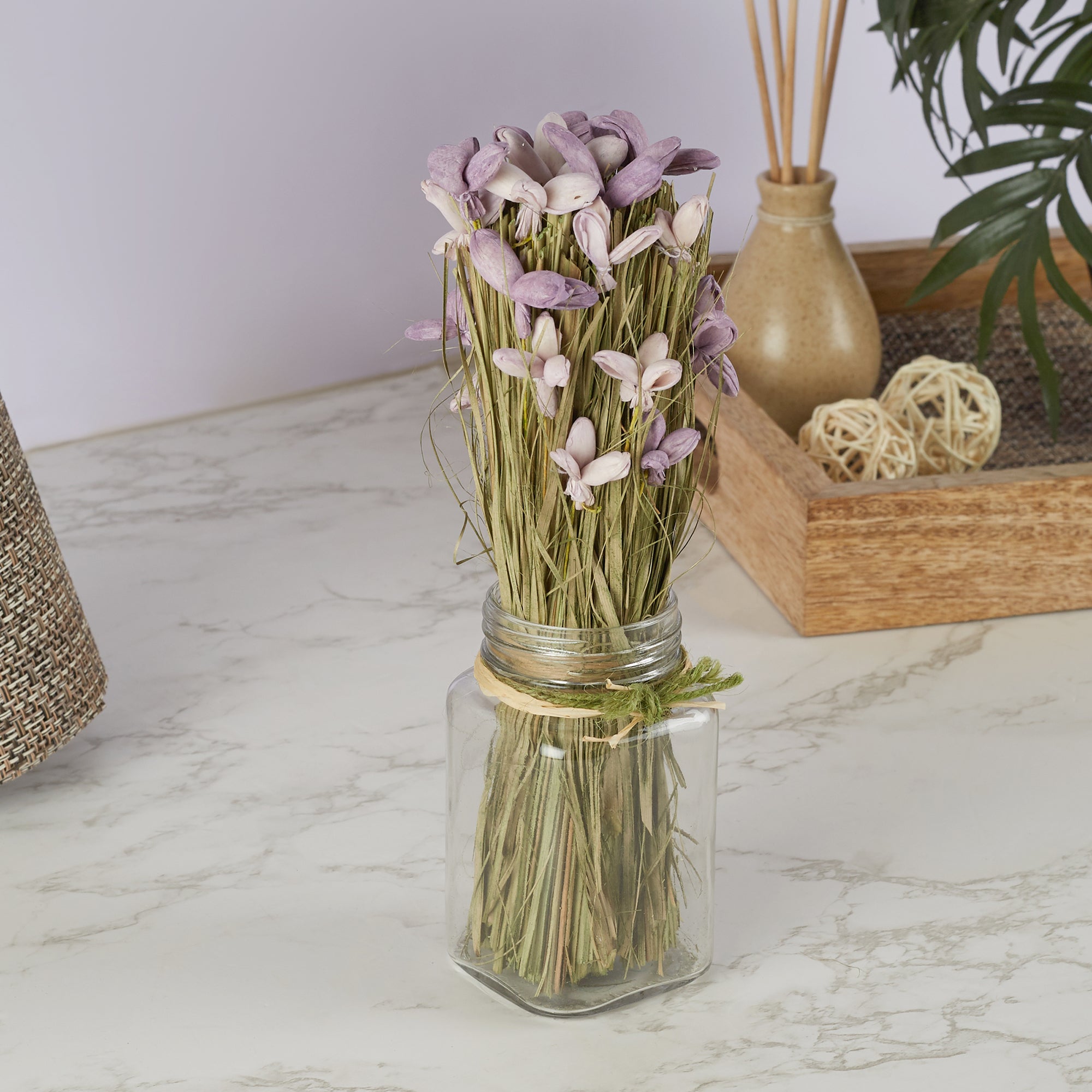 Fleur Dried Floral Arrangemet In Glass Jar 18 Cm in Purple Colour