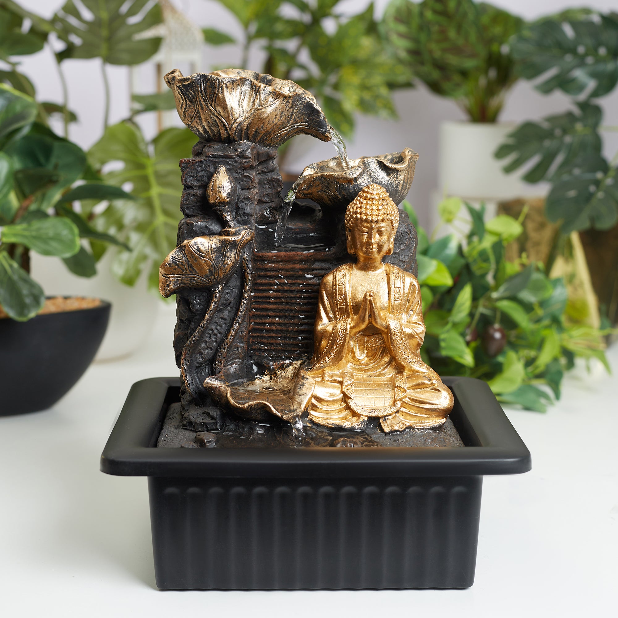 Impression Polyresin Buddha Petal Water Fountain 21x17x25 Cm in Antique Gold Colour