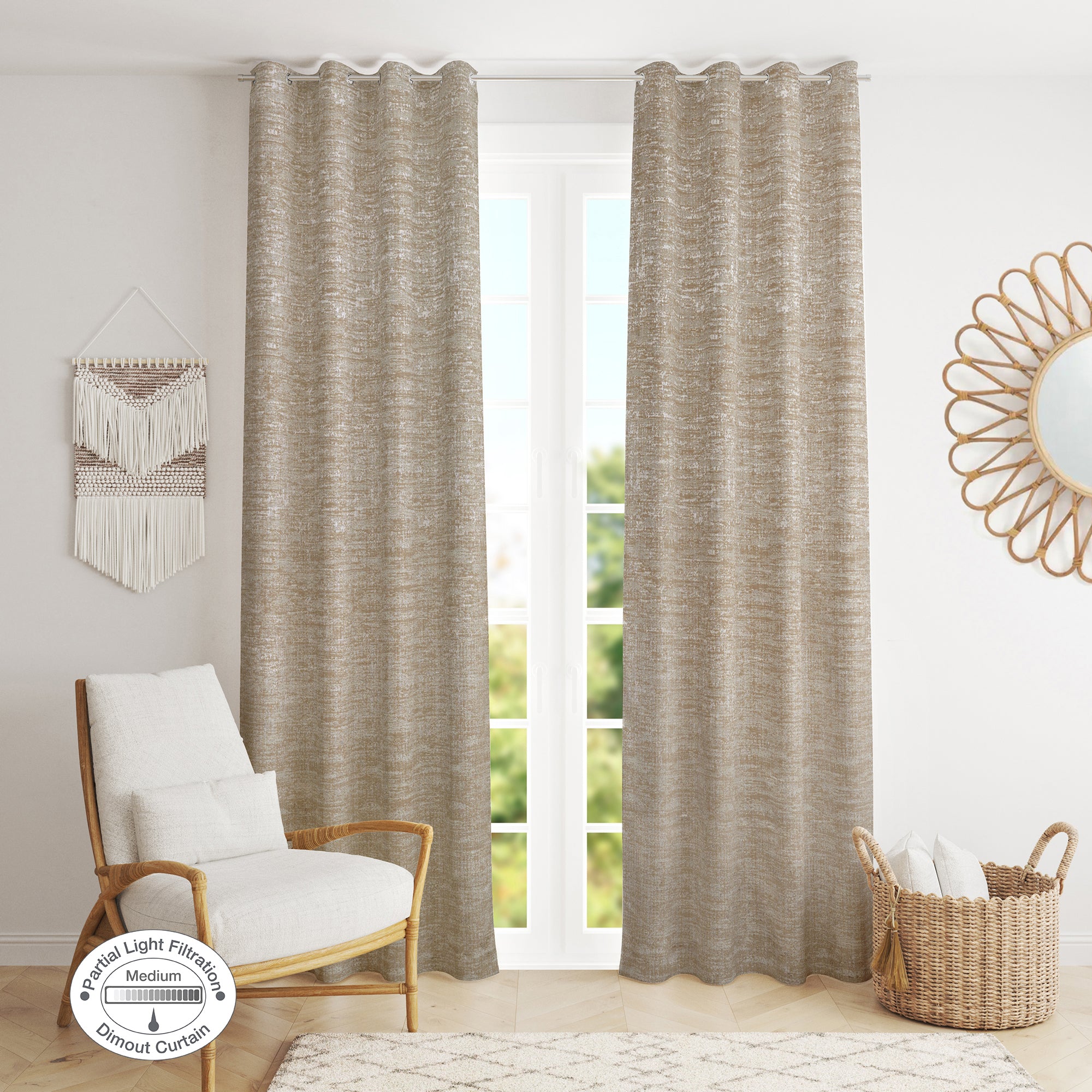Amour  Set of 2 Solid Jacquard Dim Out Curtains 7 Feet in Beige Colour