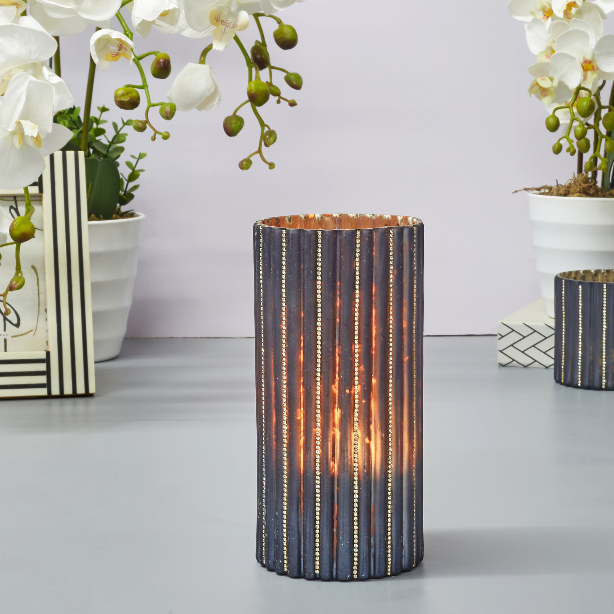 Phiona Glass Diamond Stud Handcrafted Votive 20 Cm in Grey Colour