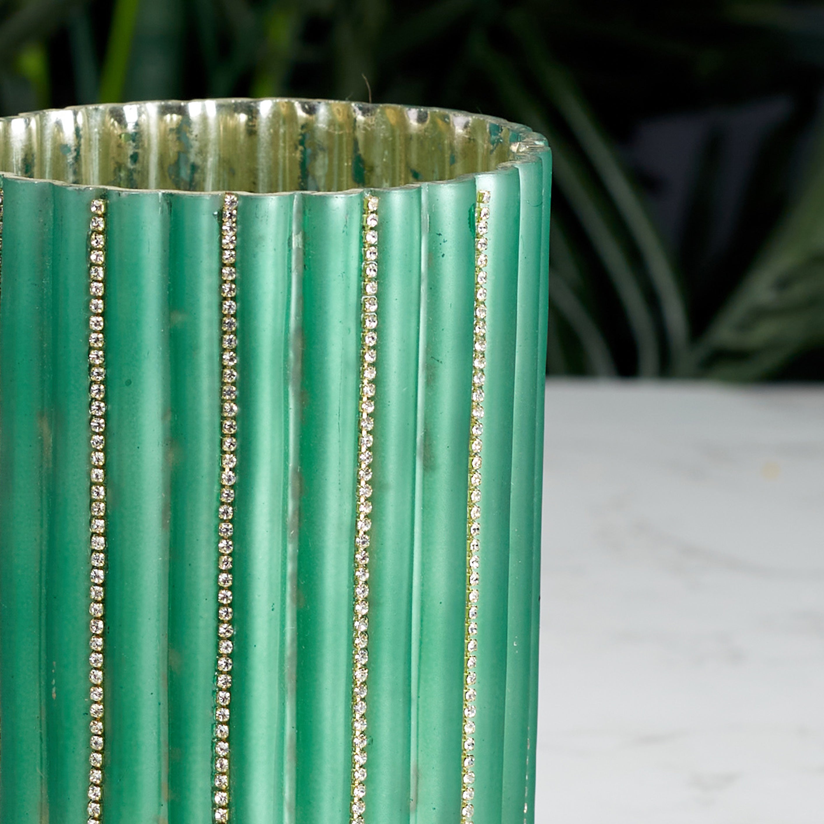 Phiona Glass Diamond Stud Handcrafted Votive 15 Cm in Emerald Colour