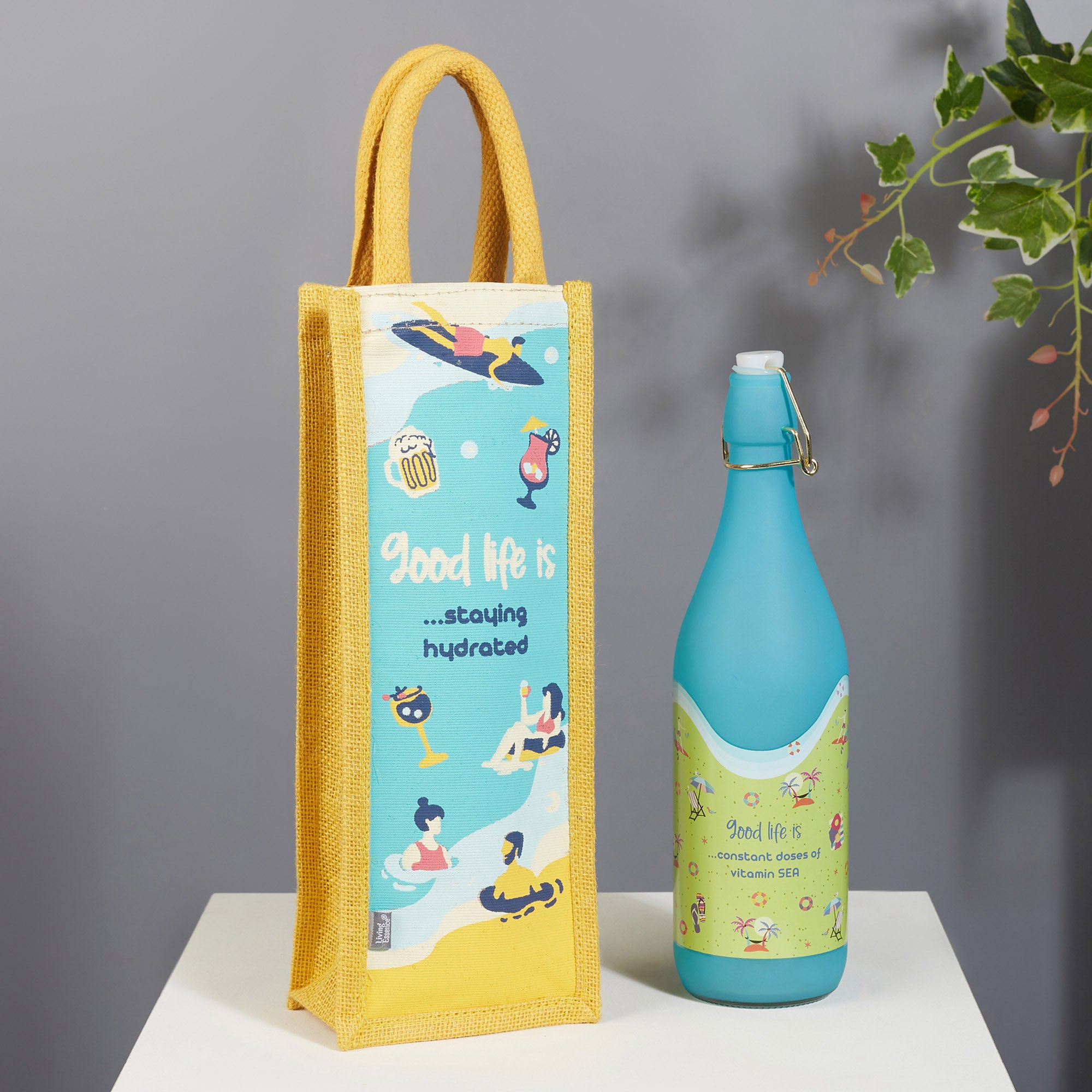 Good Life Jute Reversible Stay Hydrated Printed Zuco Bottle Bag 12 x 35.5 Cm in Turq & Yellow Colour