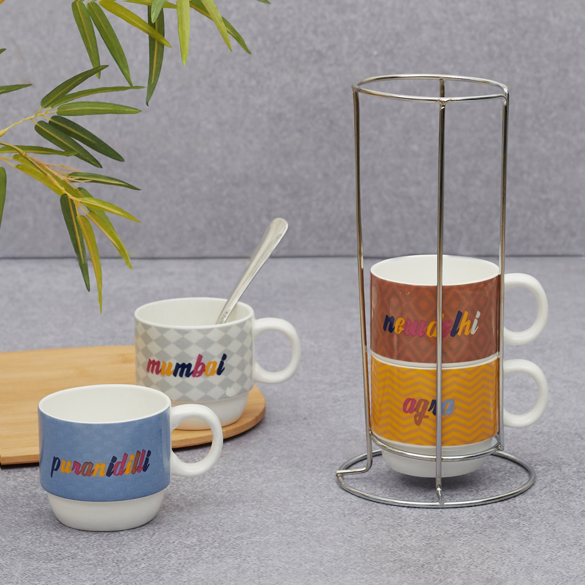 Milan Bone China India Stackable 220 Ml Tea Mug Set of 4 with Stand in Multi Colour
