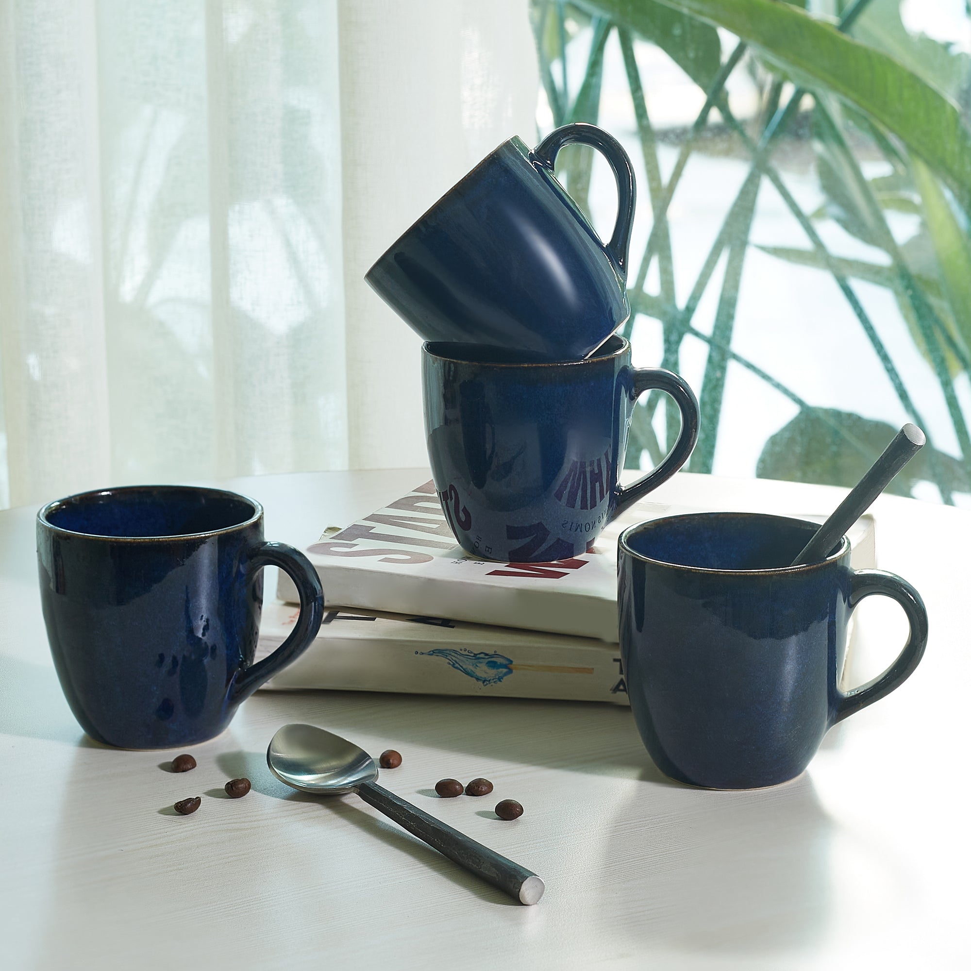 Hygge Studio Pottery Stoneware Coffee Mug Set of 4 in Navy Blue Colour by Living Essence